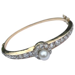 Antique Diamond and Natural Pearl 18 Carat Gold Bangle