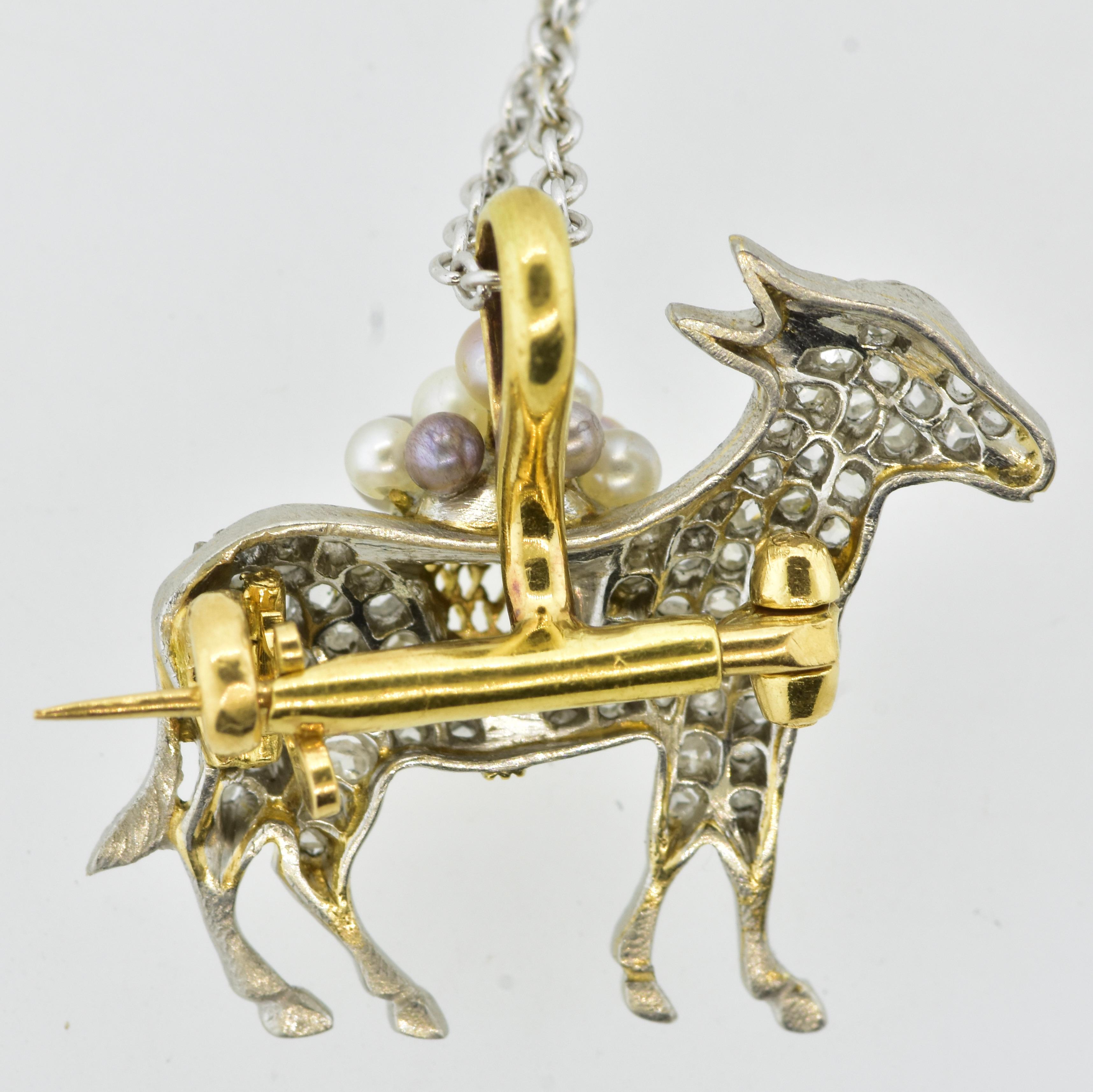 Victorian Antique Diamond and Natural Pearl Donkey Brooch/Pendant, French, circa 1900 For Sale
