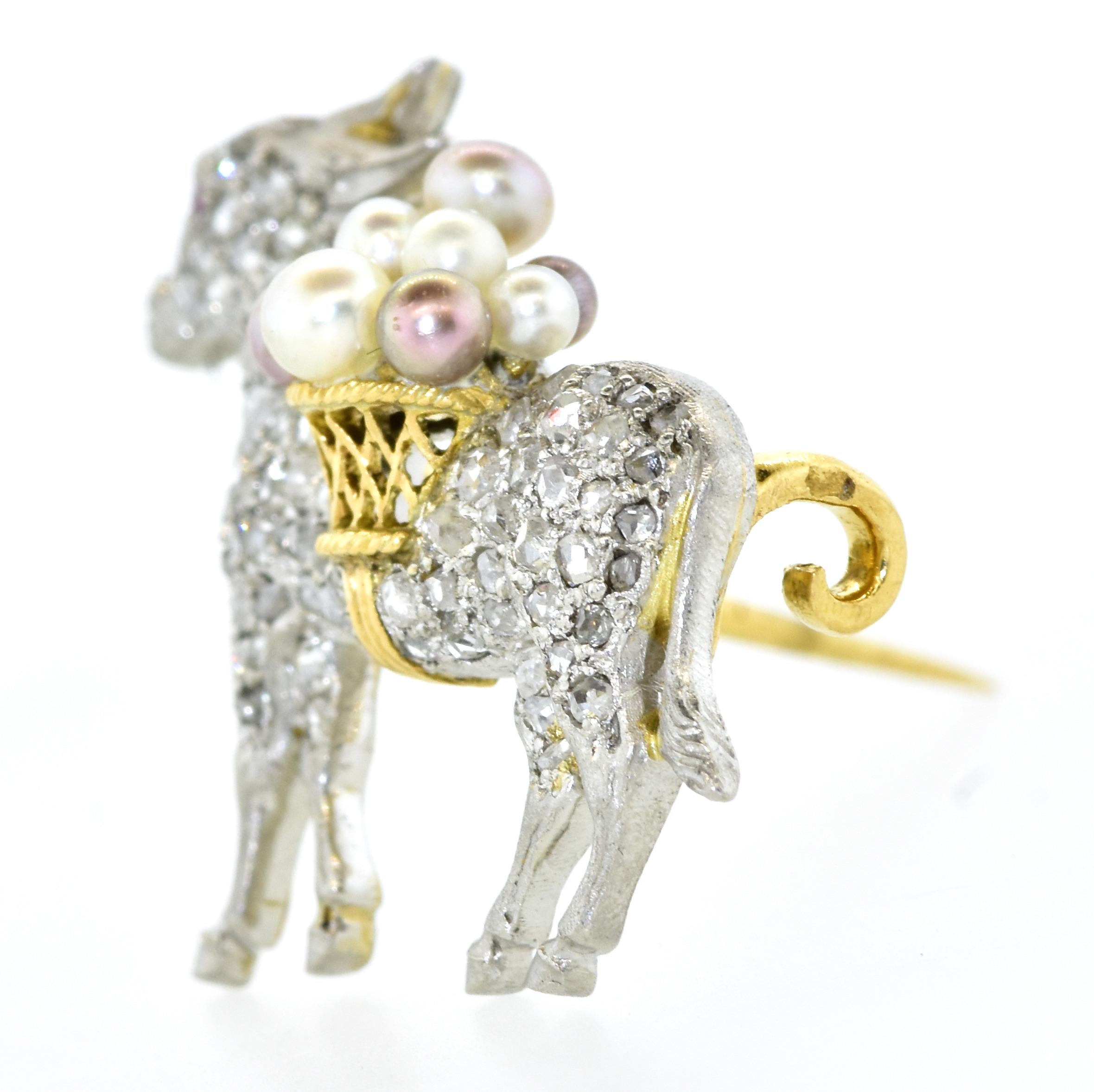 Rose Cut Antique Diamond and Natural Pearl Donkey Brooch/Pendant, French, circa 1900 For Sale