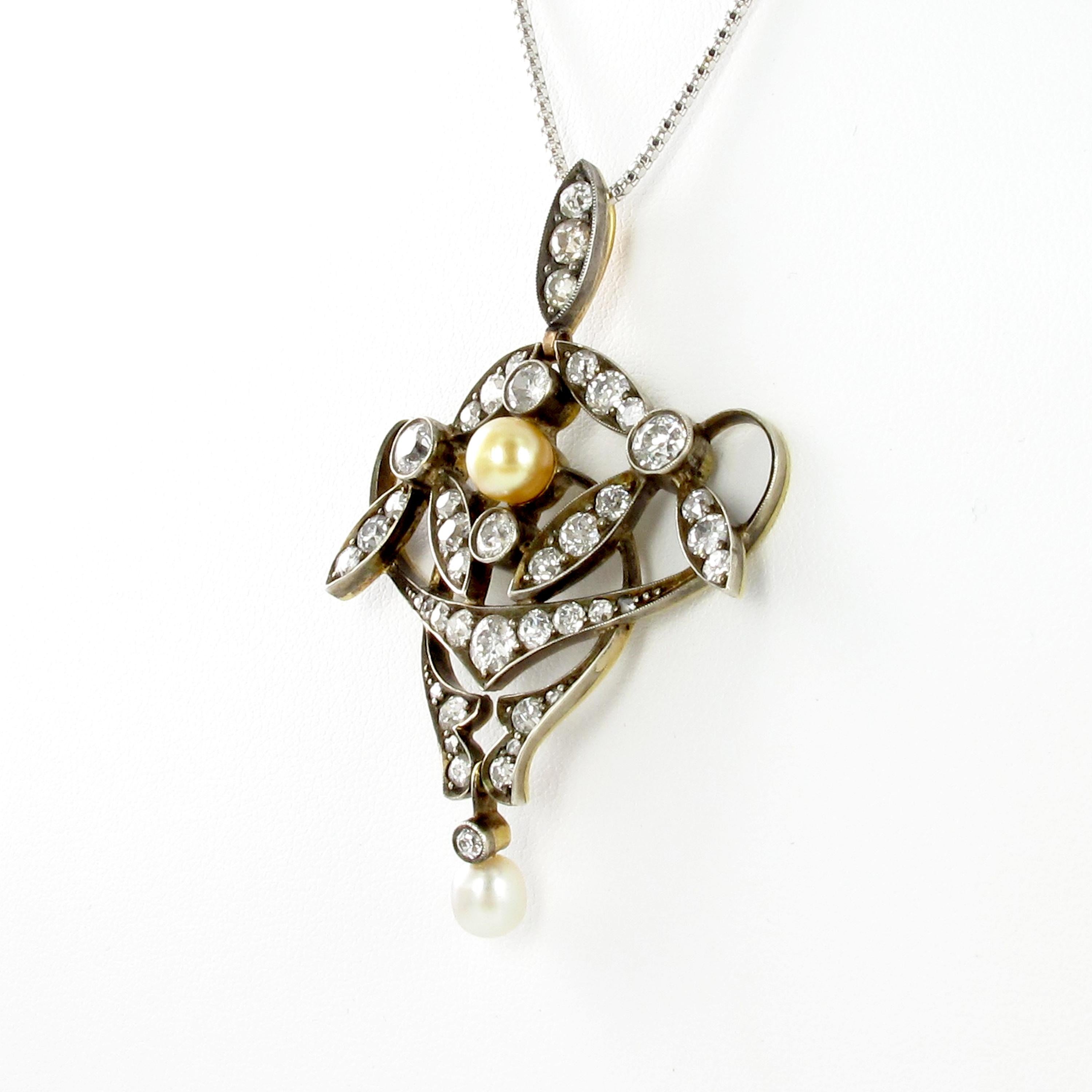 Victorian Antique Diamond and Natural Pearl Pendant Silver on Gold For Sale