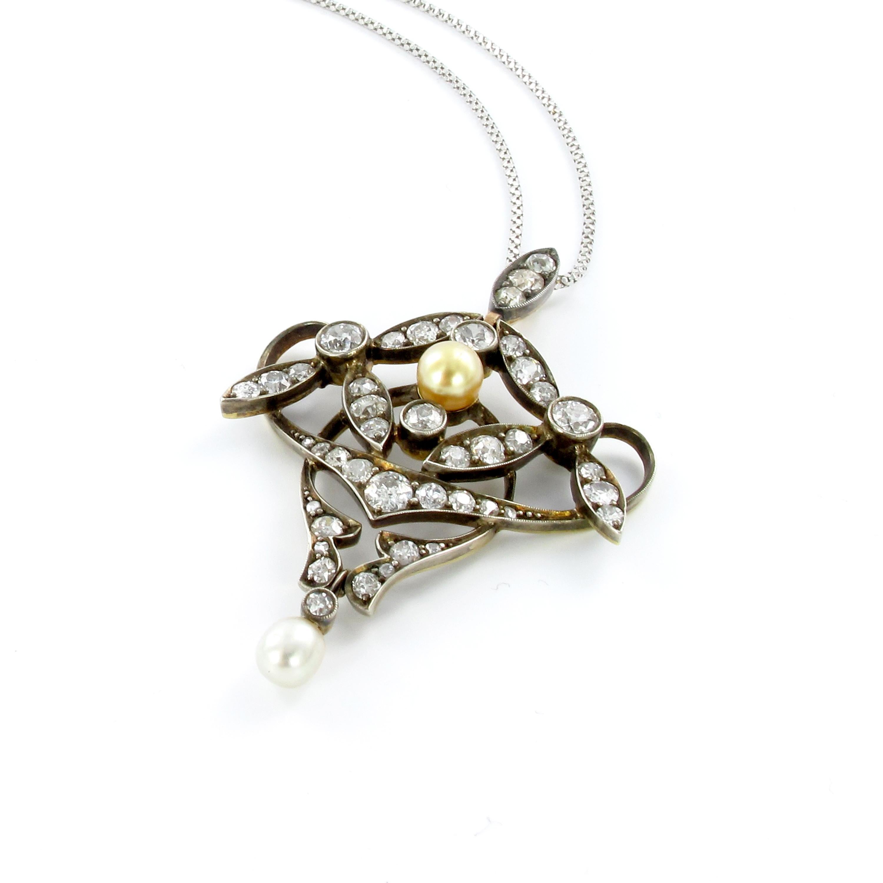 Old European Cut Antique Diamond and Natural Pearl Pendant Silver on Gold For Sale