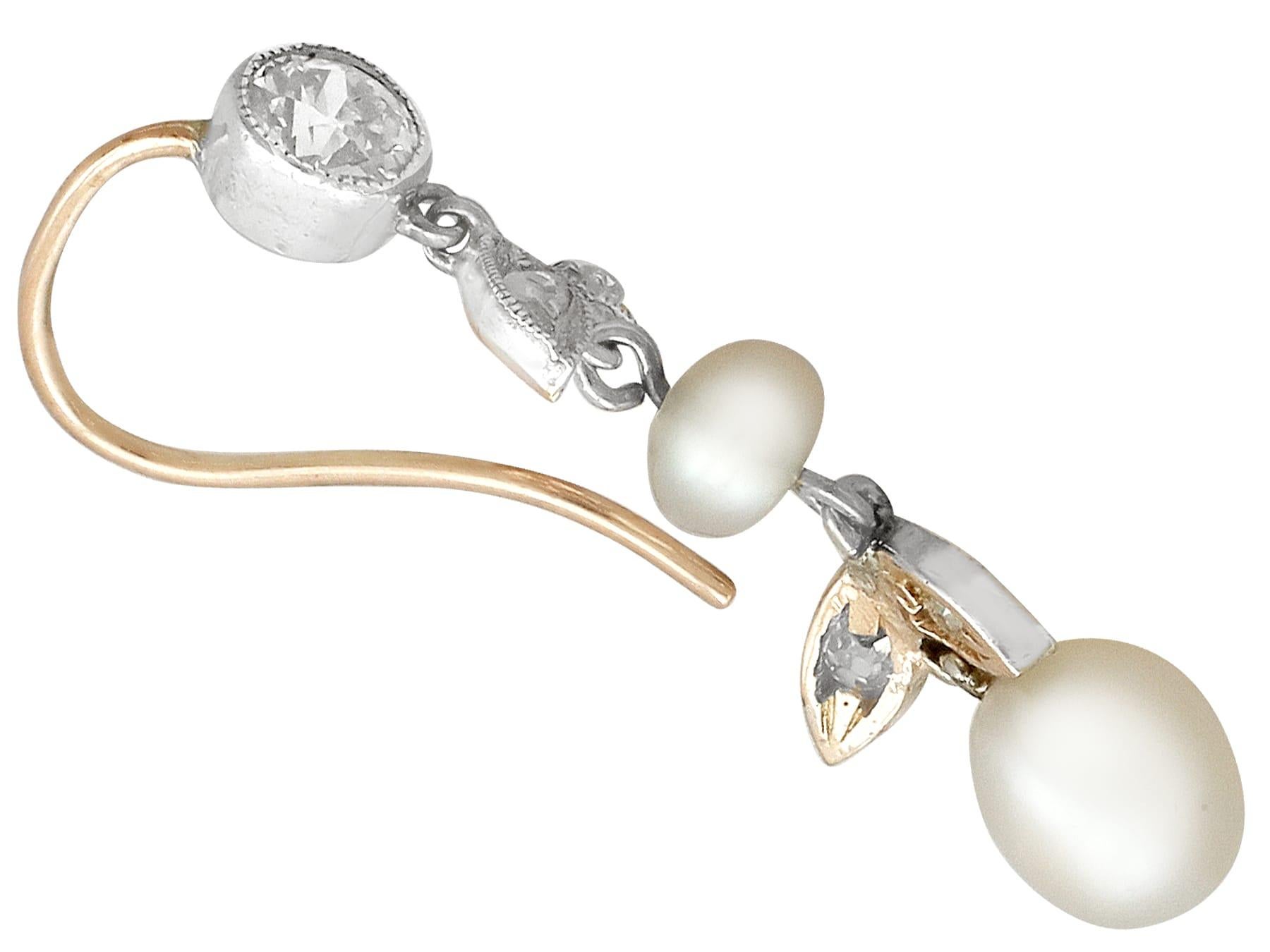 Round Cut Antique Diamond and Natural Pearl Yellow Gold Drop Earrings Circa 1880 For Sale