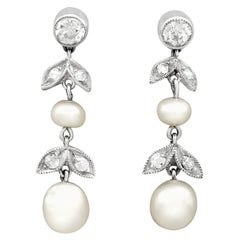 Antique Diamond and Natural Pearl Yellow Gold Drop Earrings Circa 1880