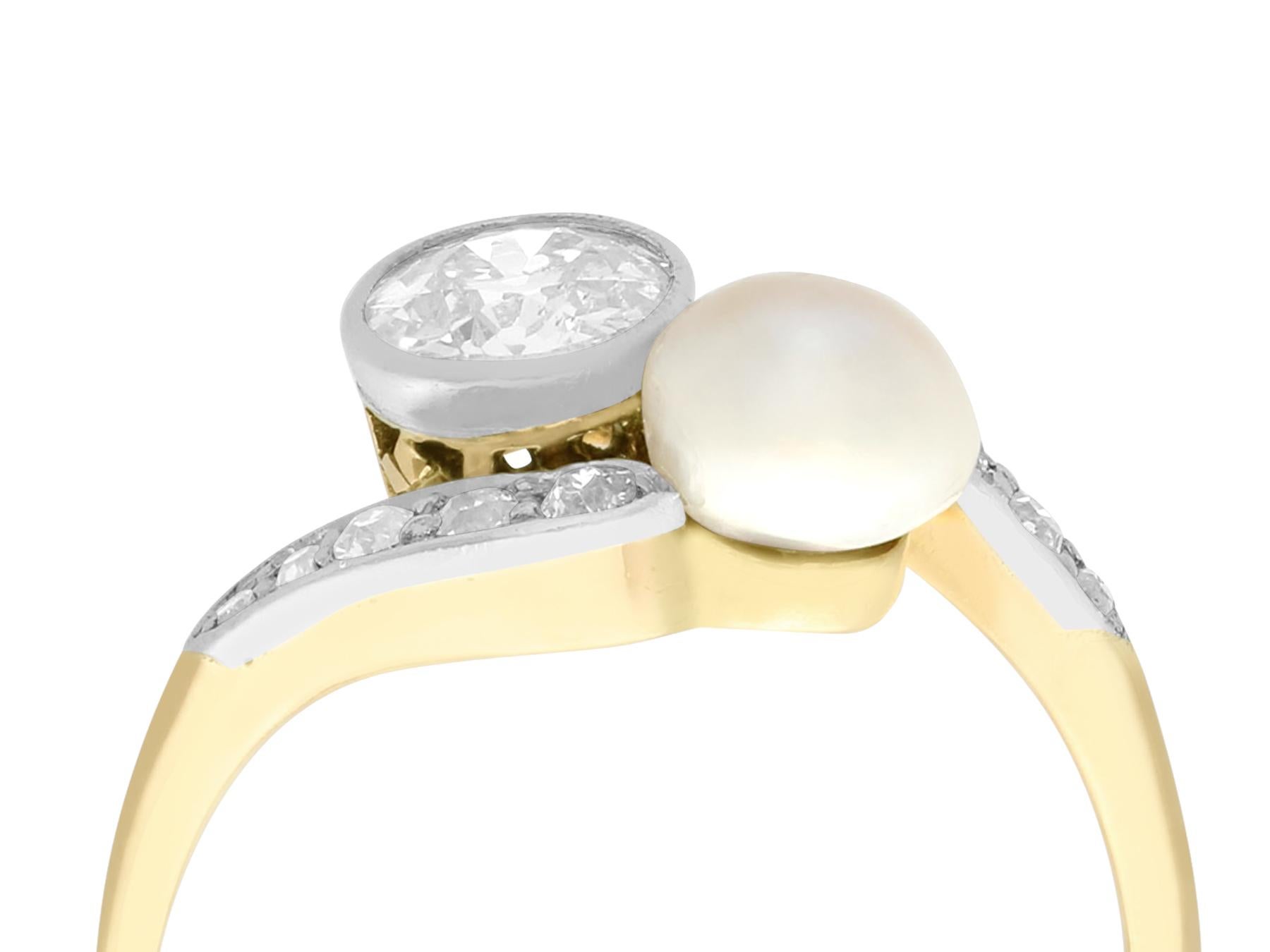 A stunning, fine and impressive antique 0.88 carat diamond and certified natural saltwater pearl, 14 karat yellow gold and platinum set dress / twist ring; part of our antique jewelry and estate jewelry collections

This stunning antique pearl and