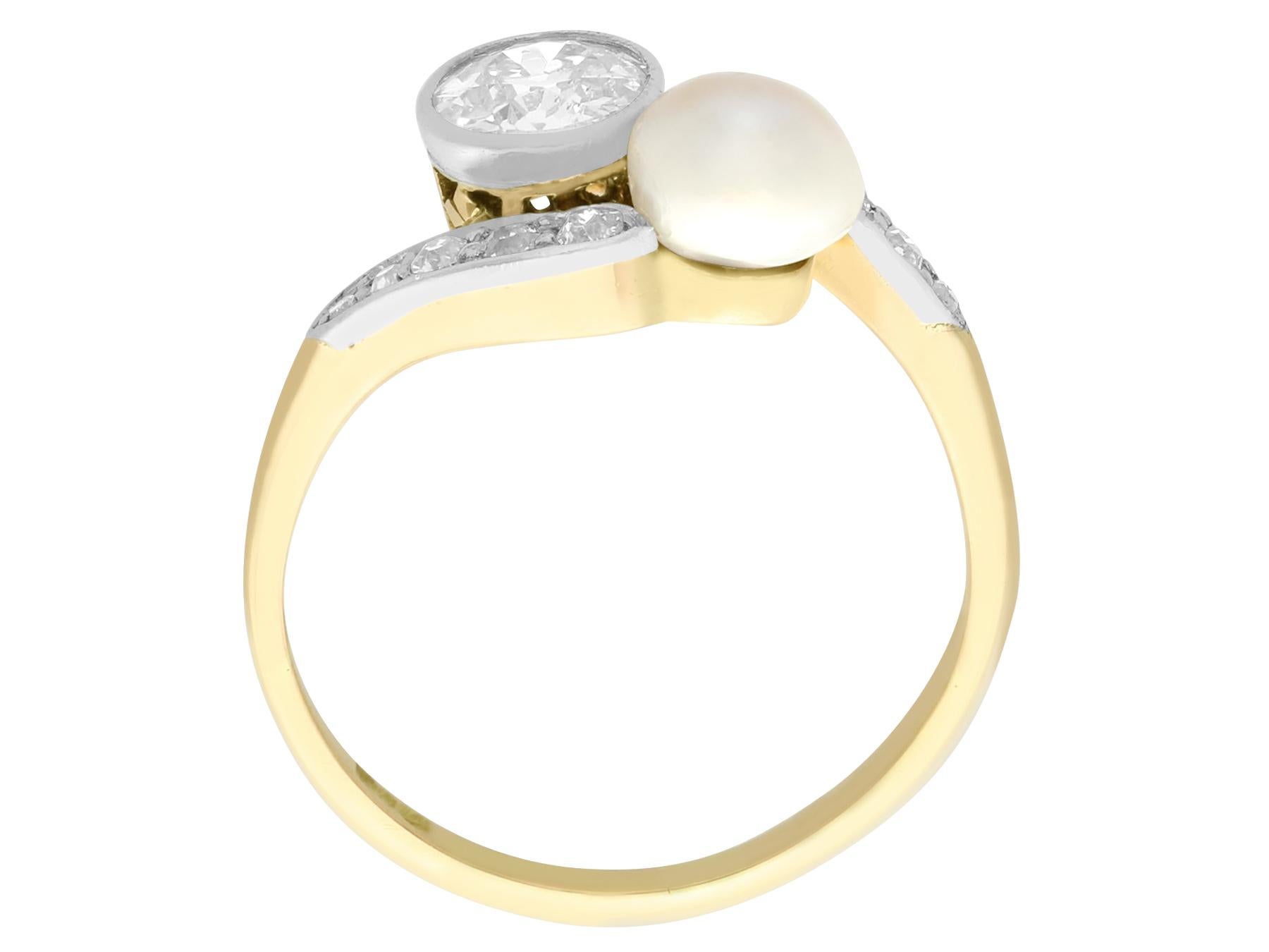 Women's or Men's Antique Diamond and Natural Saltwater Pearl Yellow Gold Twist Ring, circa 1900