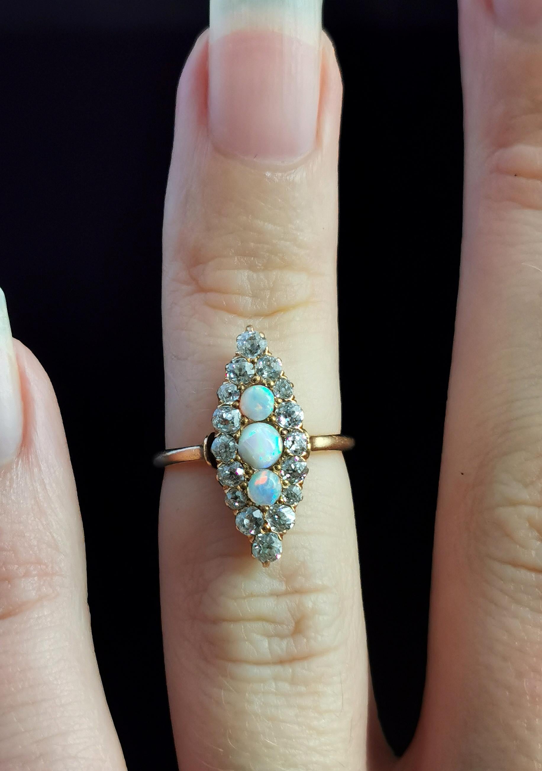 Antique Diamond and Opal Navette Ring, 18 Karat Yellow Gold, Edwardian For Sale 5