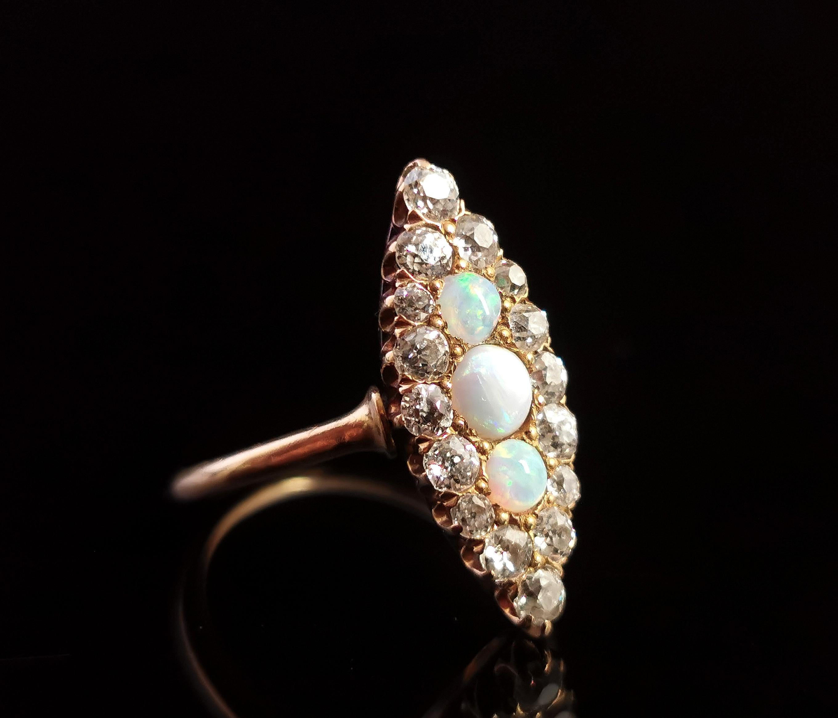 Antique Diamond and Opal Navette Ring, 18 Karat Yellow Gold, Edwardian For Sale 6