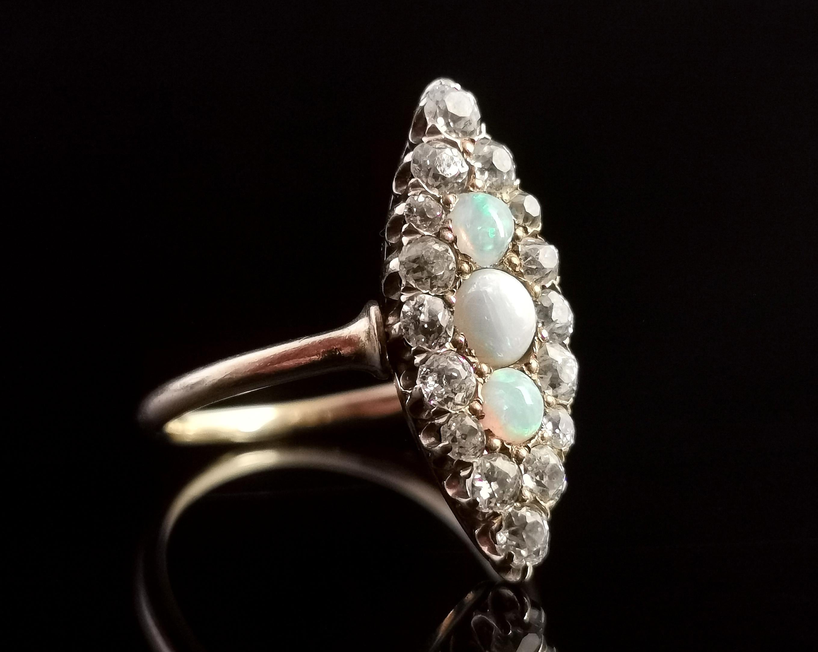 Antique Diamond and Opal Navette Ring, 18 Karat Yellow Gold, Edwardian For Sale 7