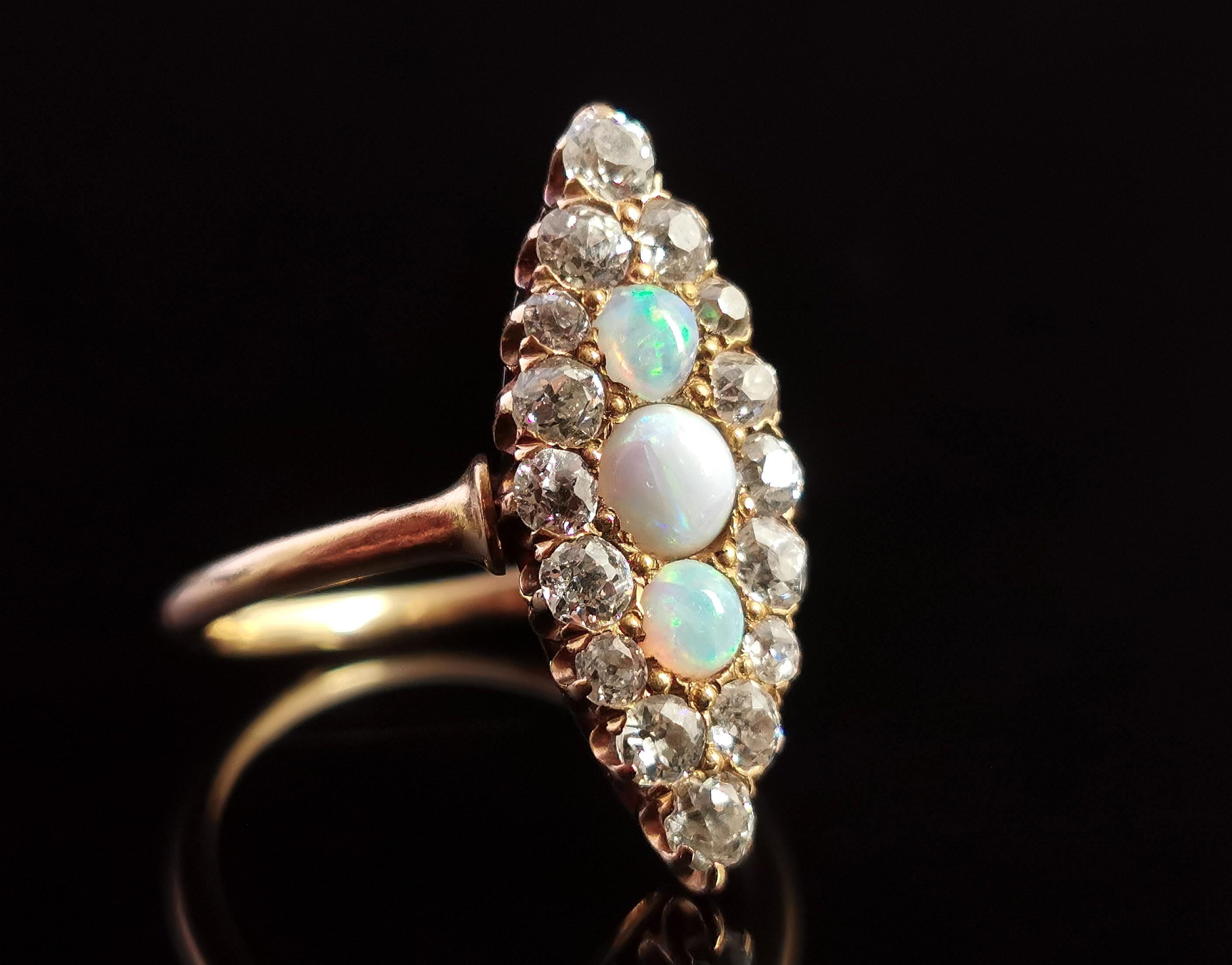 Antique Diamond and Opal Navette Ring, 18 Karat Yellow Gold, Edwardian For Sale 8