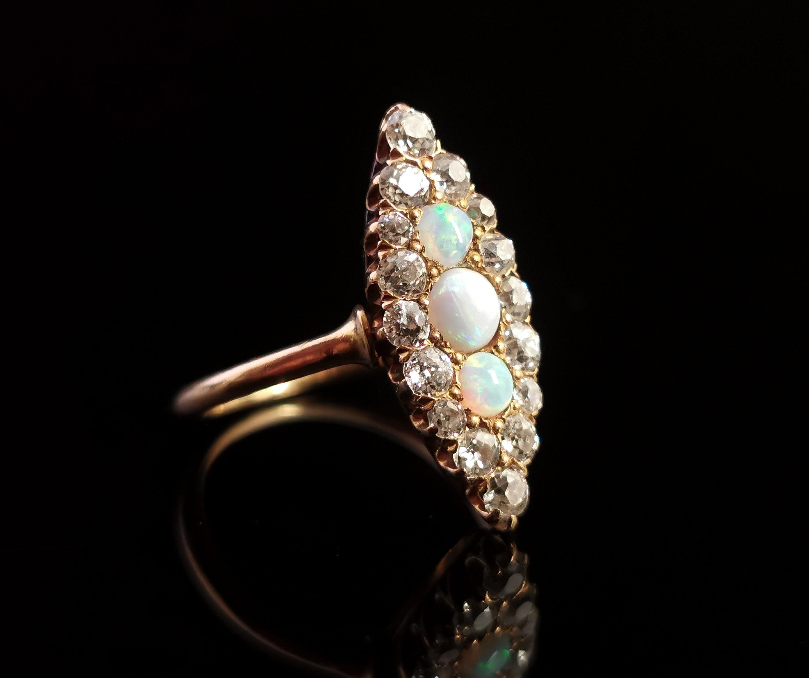 Old Mine Cut Antique Diamond and Opal Navette Ring, 18 Karat Yellow Gold, Edwardian For Sale
