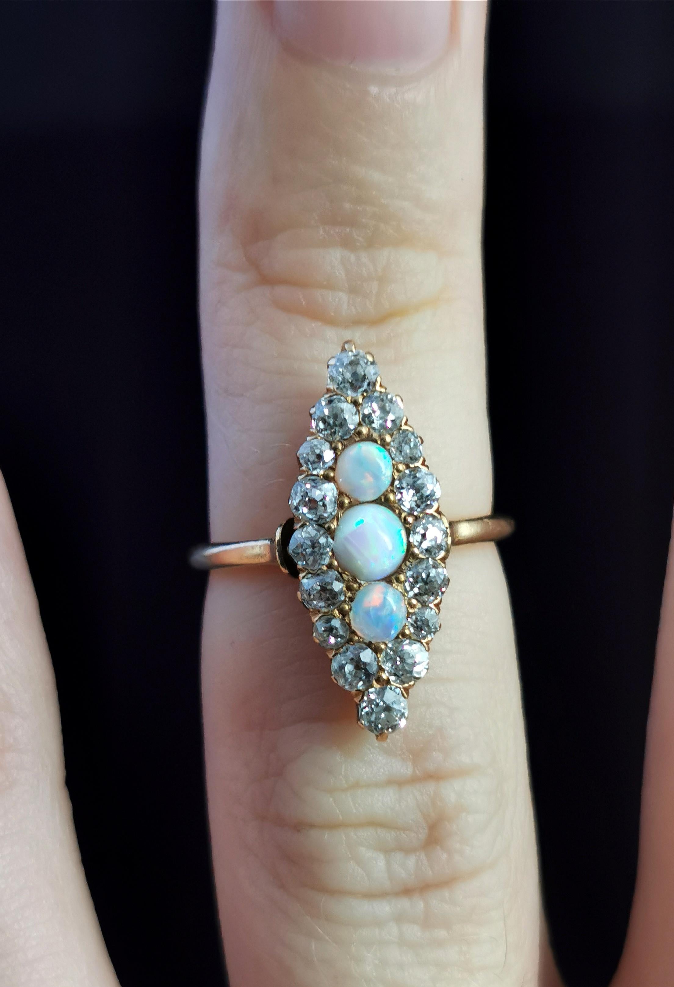 Women's Antique Diamond and Opal Navette Ring, 18 Karat Yellow Gold, Edwardian For Sale