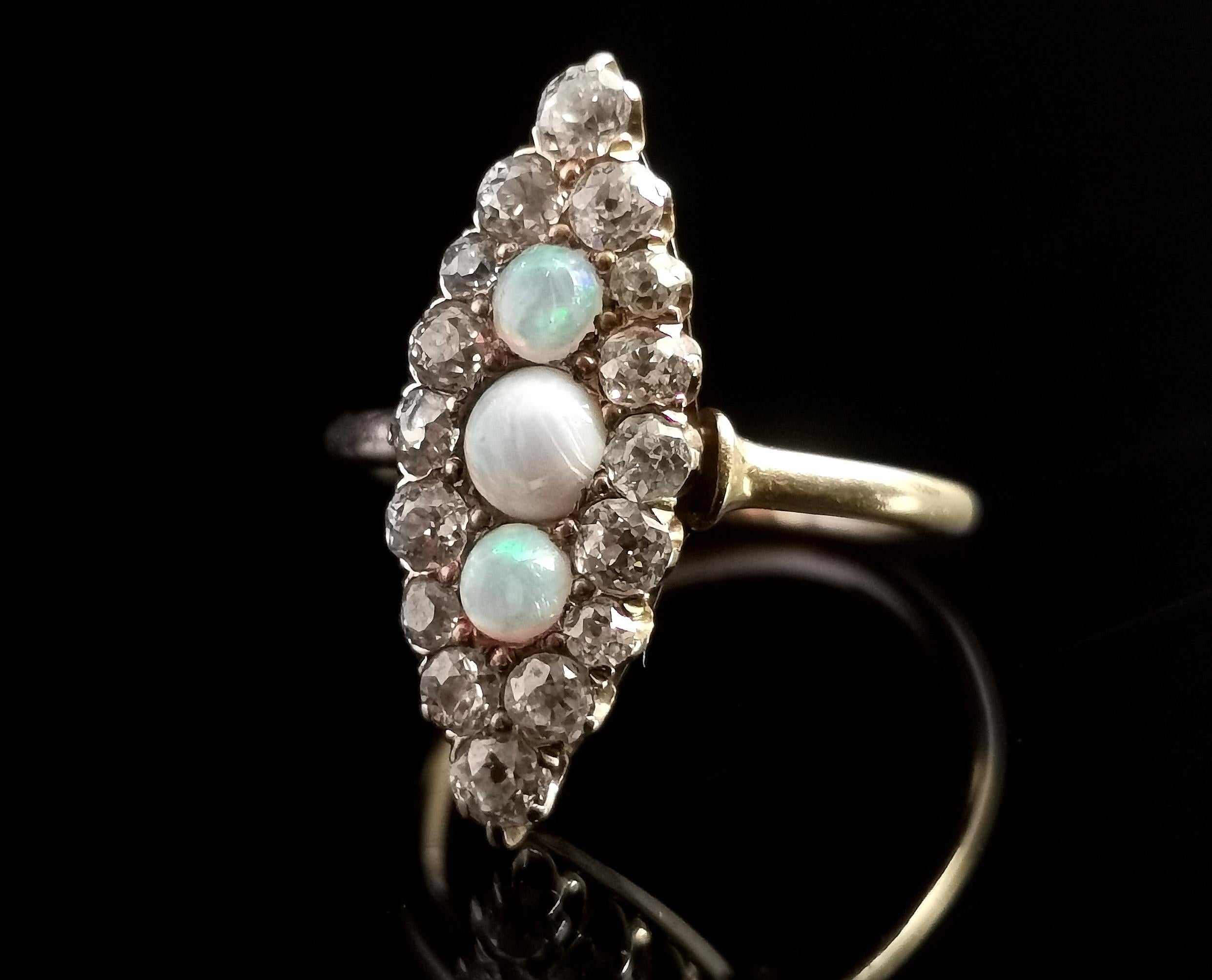 Antique Diamond and Opal Navette Ring, 18 Karat Yellow Gold, Edwardian For Sale 1