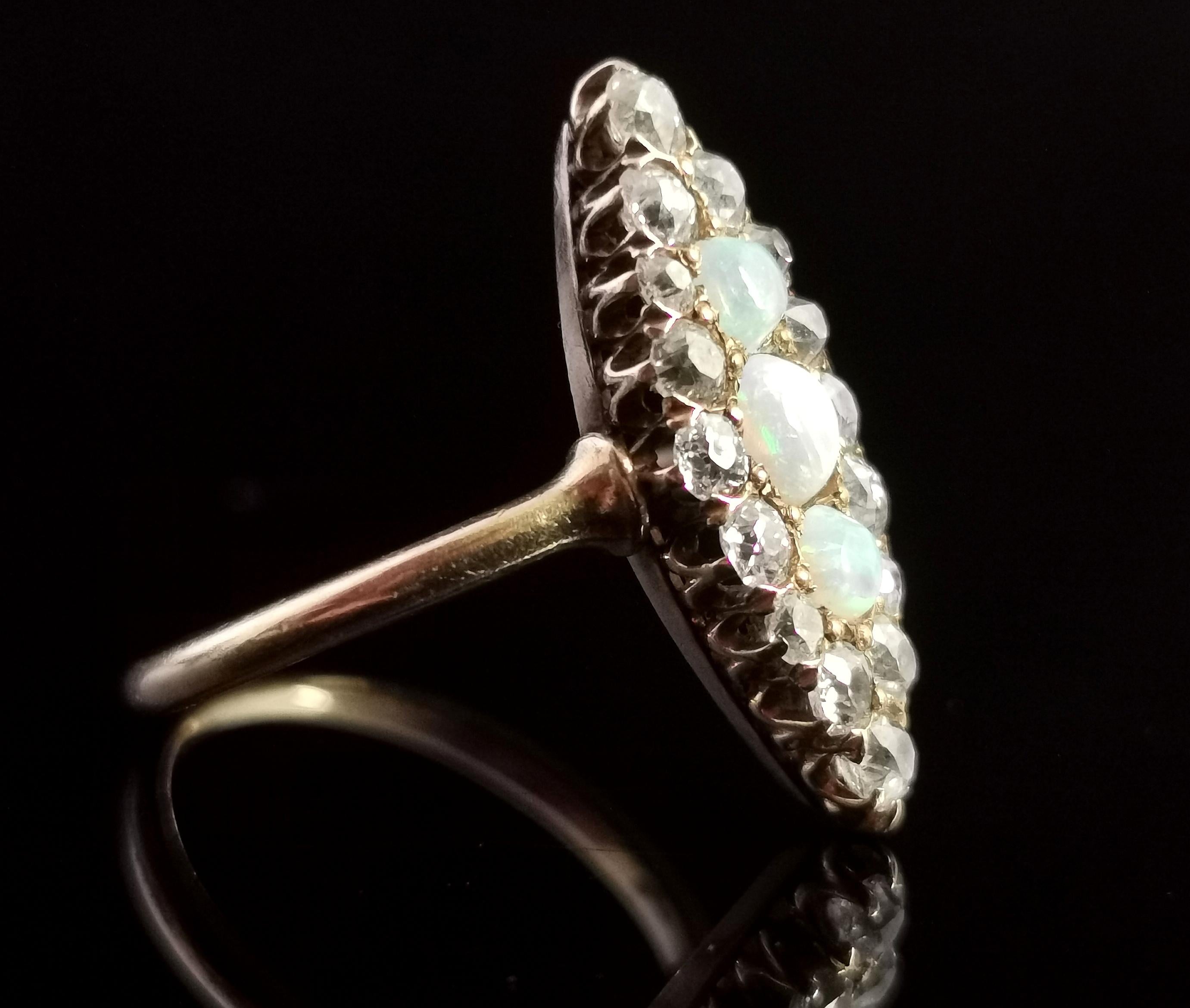 Antique Diamond and Opal Navette Ring, 18 Karat Yellow Gold, Edwardian For Sale 2