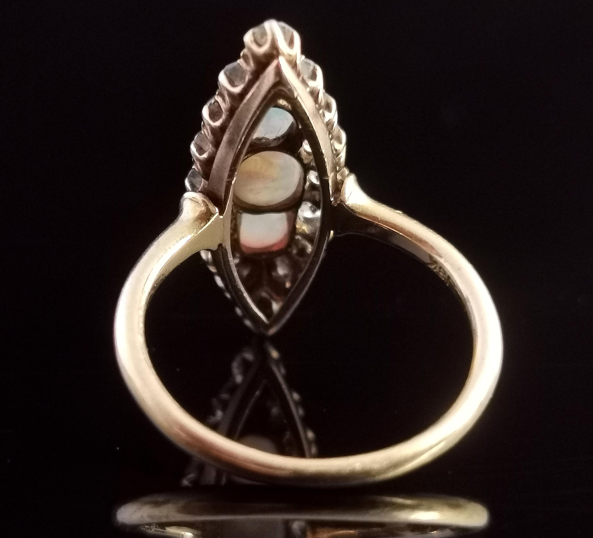Antique Diamond and Opal Navette Ring, 18 Karat Yellow Gold, Edwardian For Sale 3