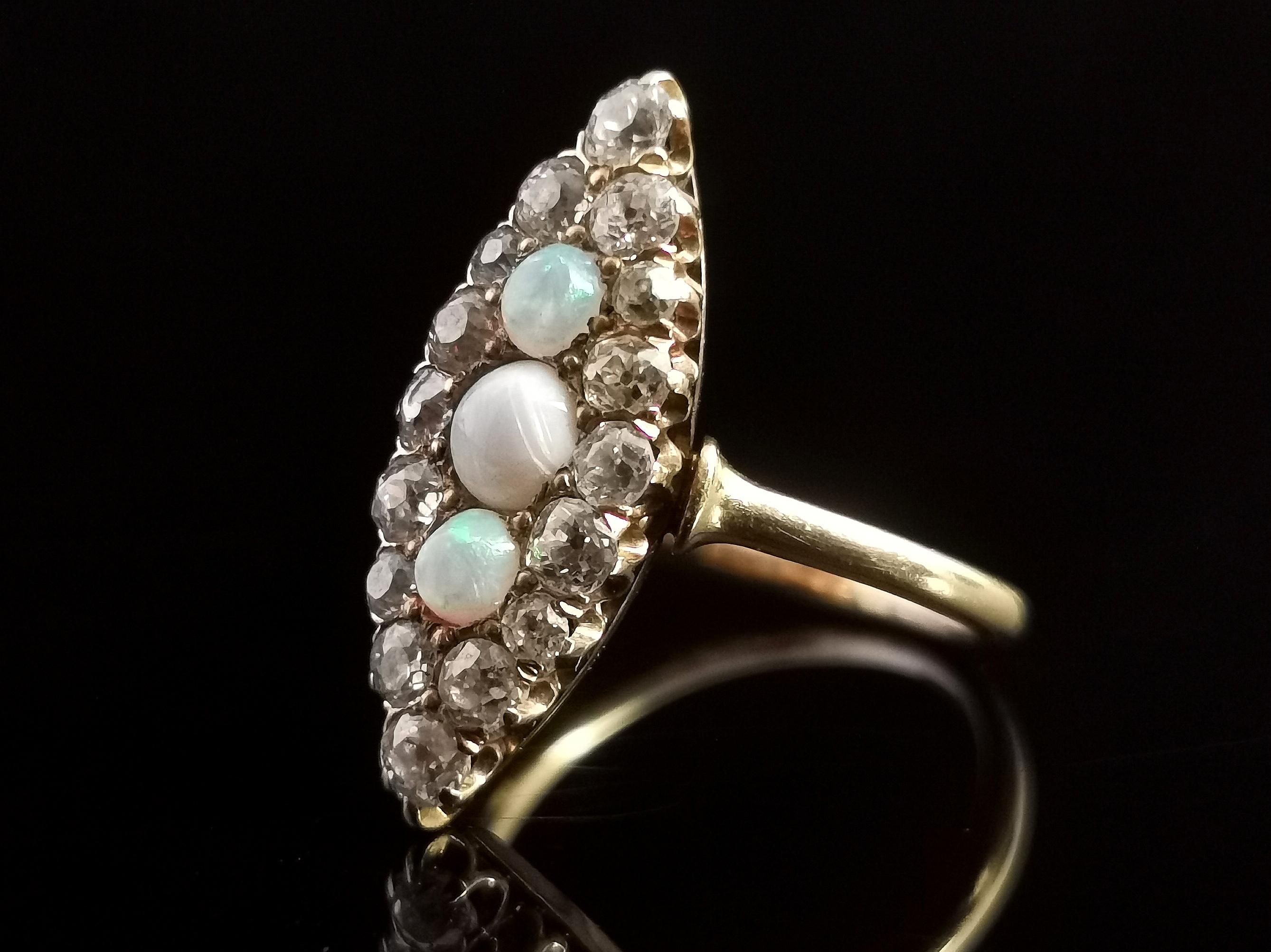 Antique Diamond and Opal Navette Ring, 18 Karat Yellow Gold, Edwardian For Sale 4