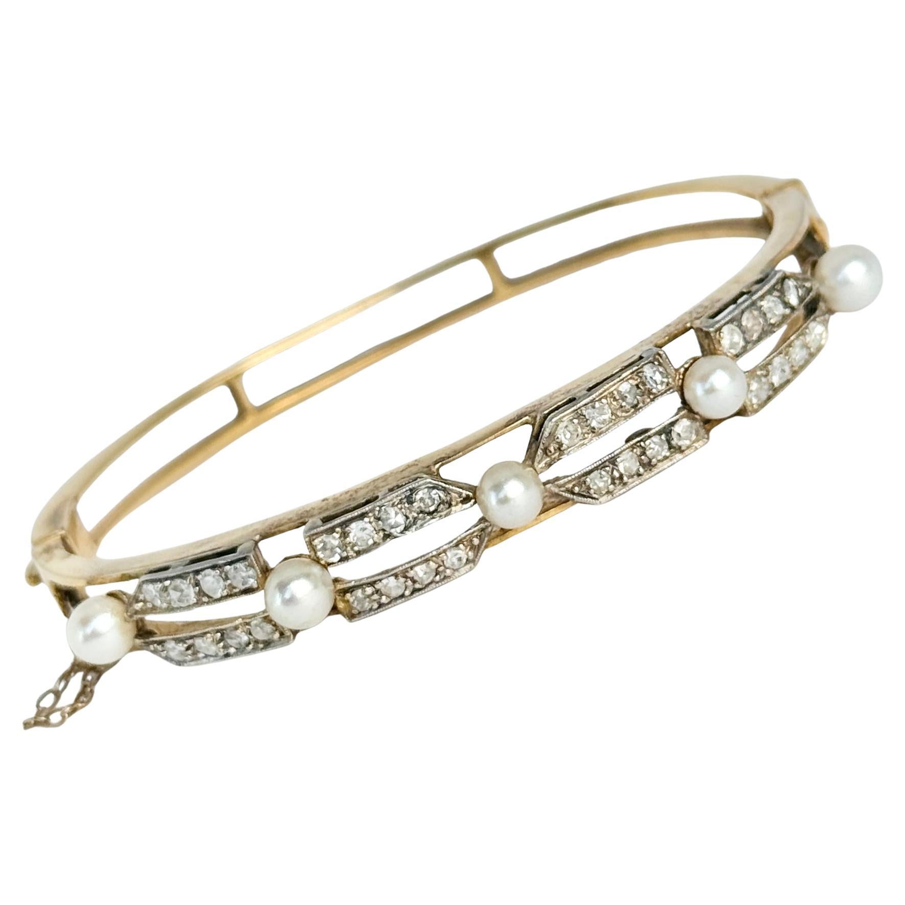 Antique Diamond and Pearl 14 Carat Gold Bangle In Box