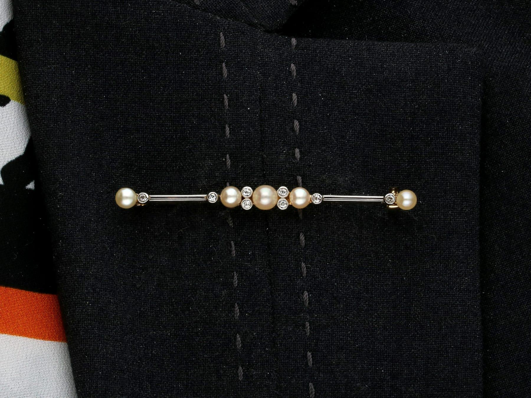 Antique Diamond and Pearl 9k Yellow Gold Bar Brooch For Sale 7