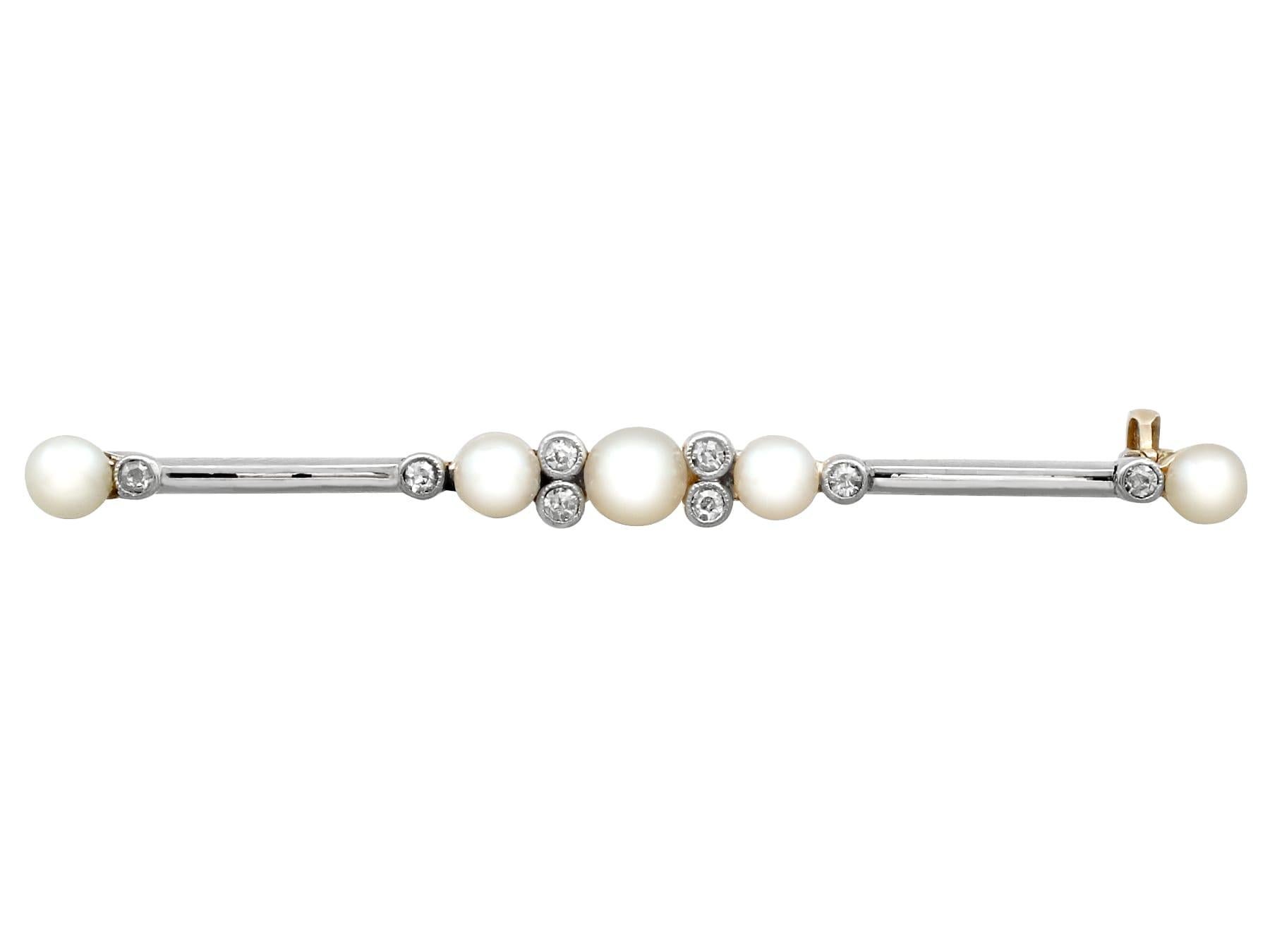 Round Cut Antique Diamond and Pearl 9k Yellow Gold Bar Brooch For Sale