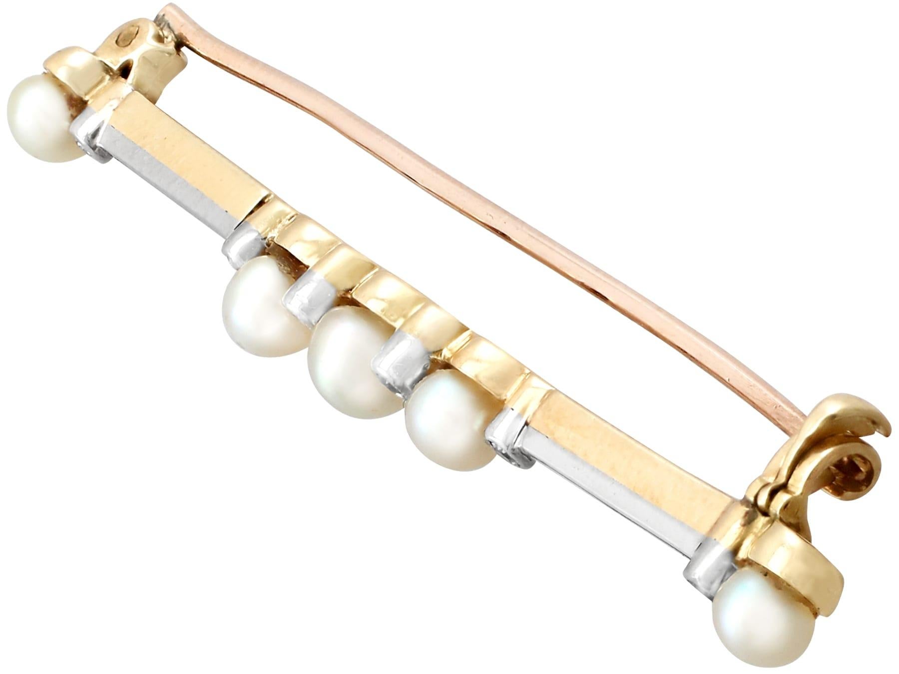 Women's Antique Diamond and Pearl 9k Yellow Gold Bar Brooch For Sale