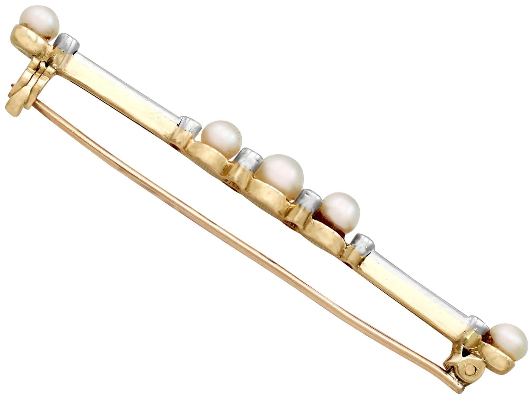 Antique Diamond and Pearl 9k Yellow Gold Bar Brooch For Sale 1