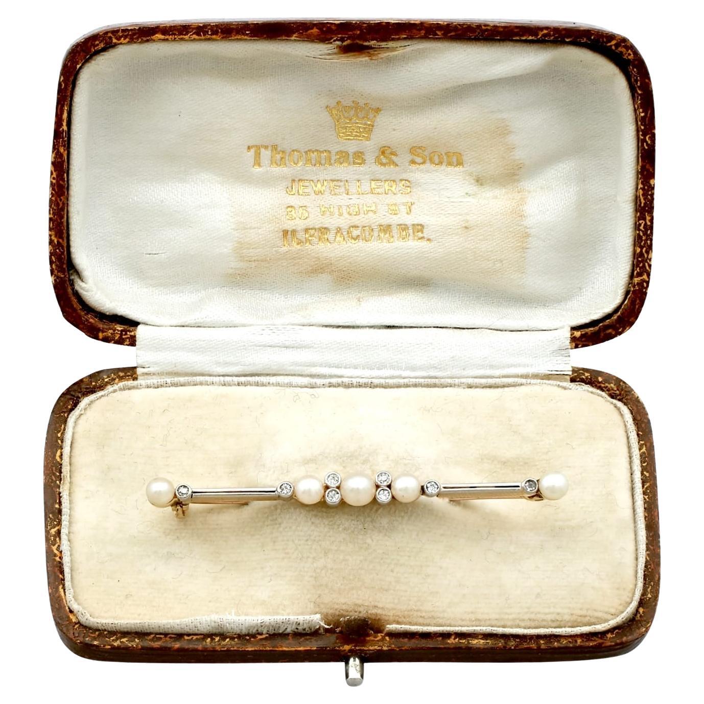 Antique Diamond and Pearl 9k Yellow Gold Bar Brooch For Sale