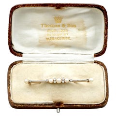 Antique Diamond and Pearl 9k Yellow Gold Bar Brooch