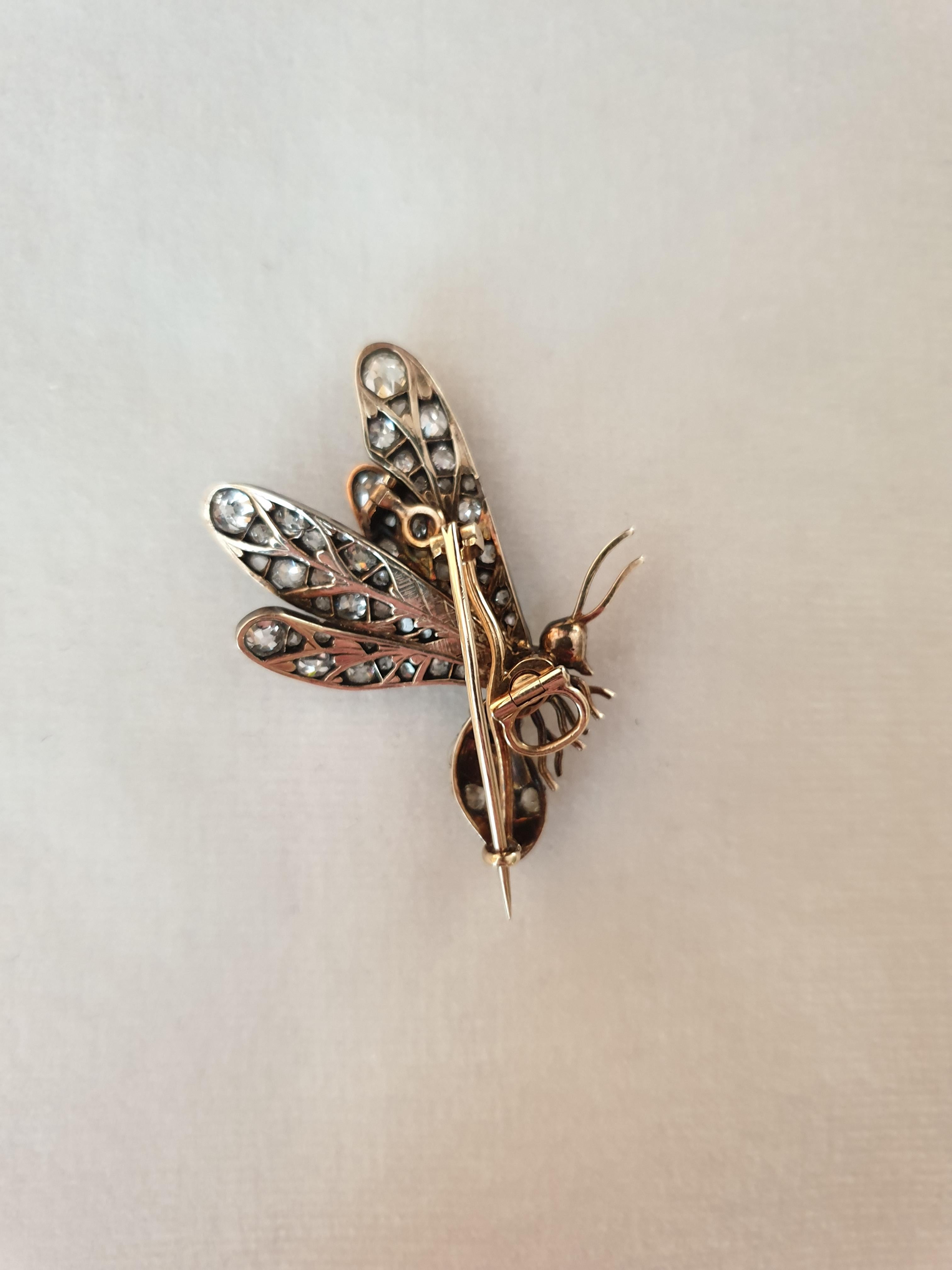 Old Mine Cut 19th Century Gold and Silver Diamond and Pearl Queen Bee Brooch For Sale