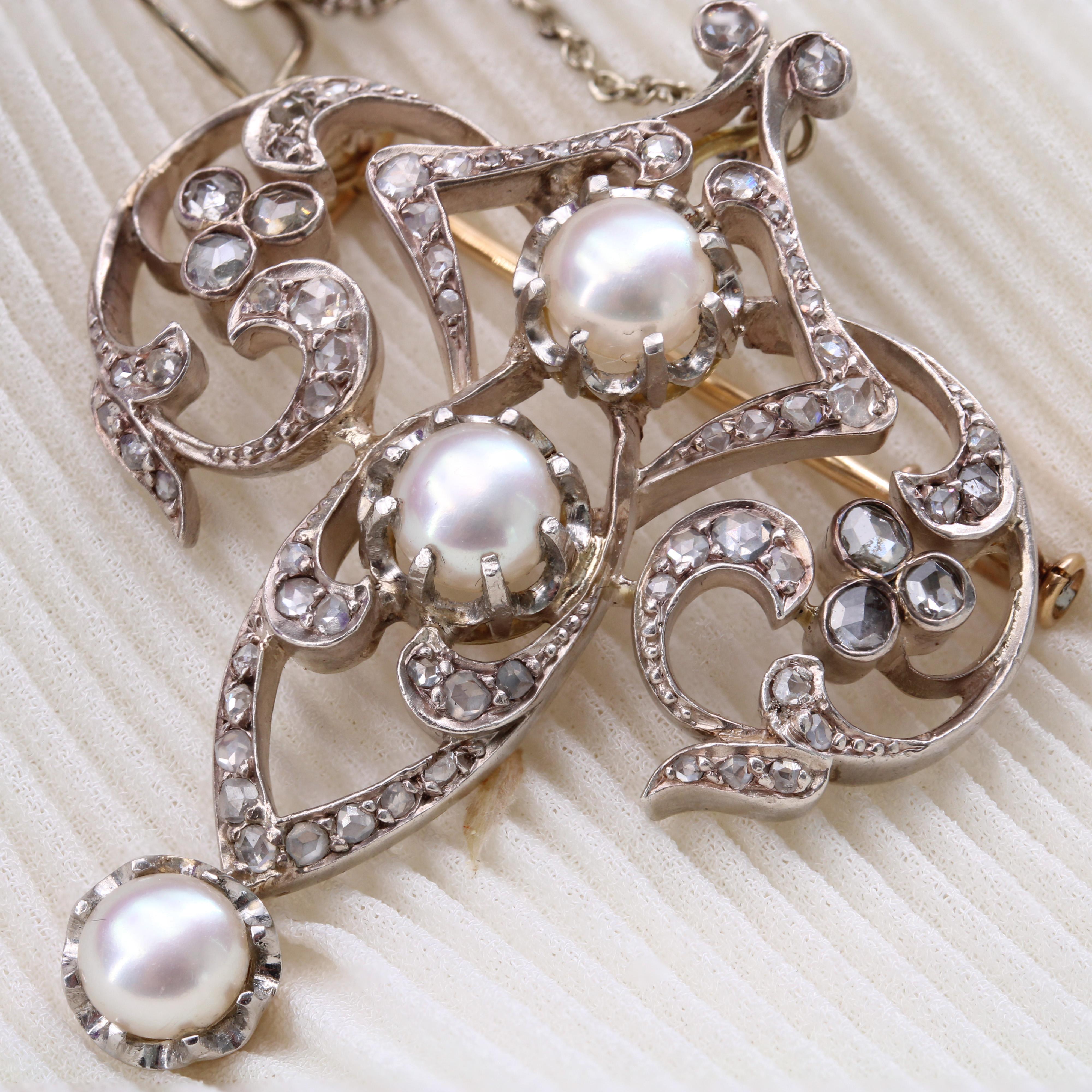 Antique Diamond and Pearl Brooch For Sale 1