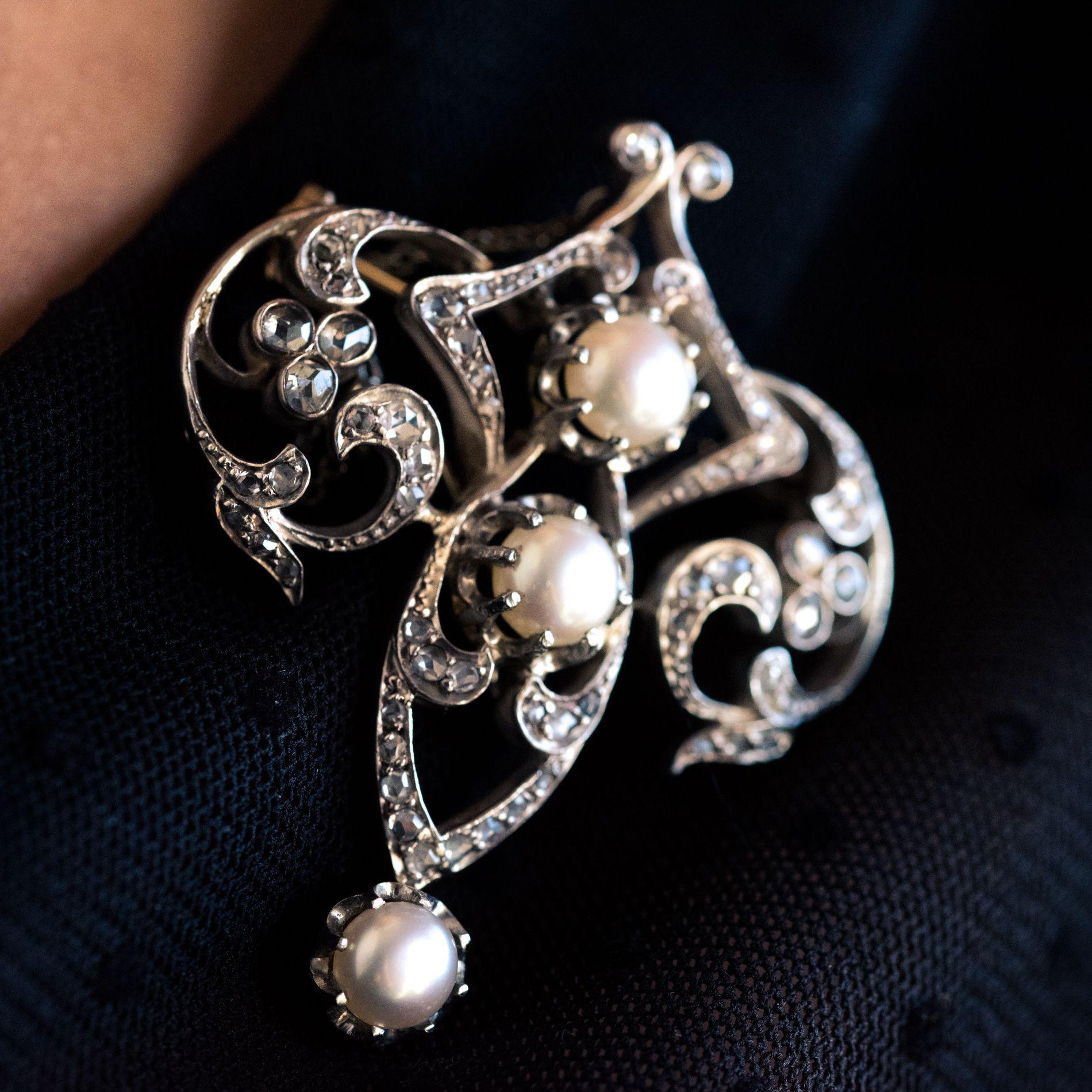 Women's Antique Diamond and Pearl Brooch For Sale