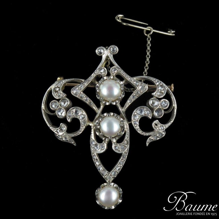 Antique Diamond and Pearl Brooch For Sale 8