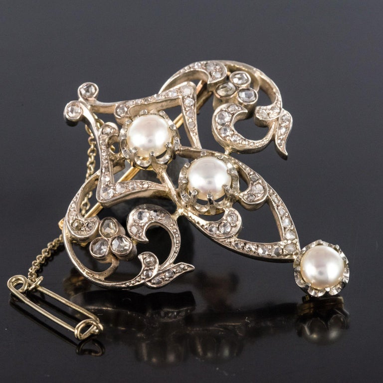 Antique Diamond and Pearl Brooch In Excellent Condition For Sale In Poitiers, FR