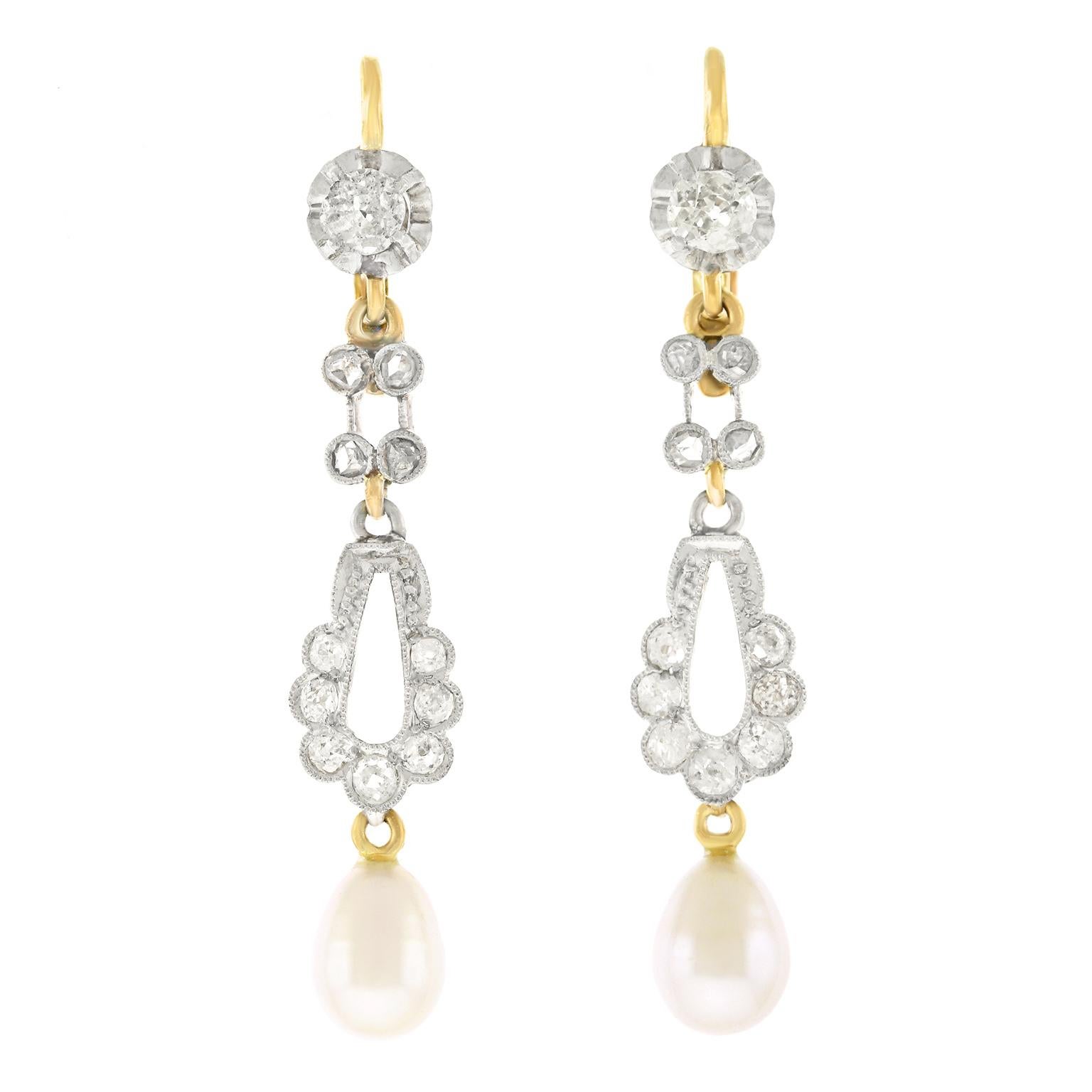 Antique Diamond and Pearl Chandelier Earrings