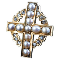 Antique Diamond and Pearl Cross Brooch/Pendant 15K Gold c.1880