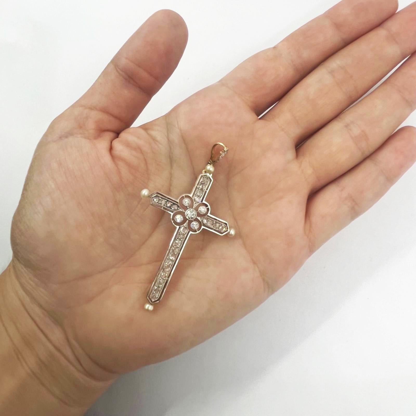 Old European Cut Antique Diamond and Pearl Cross Pendant