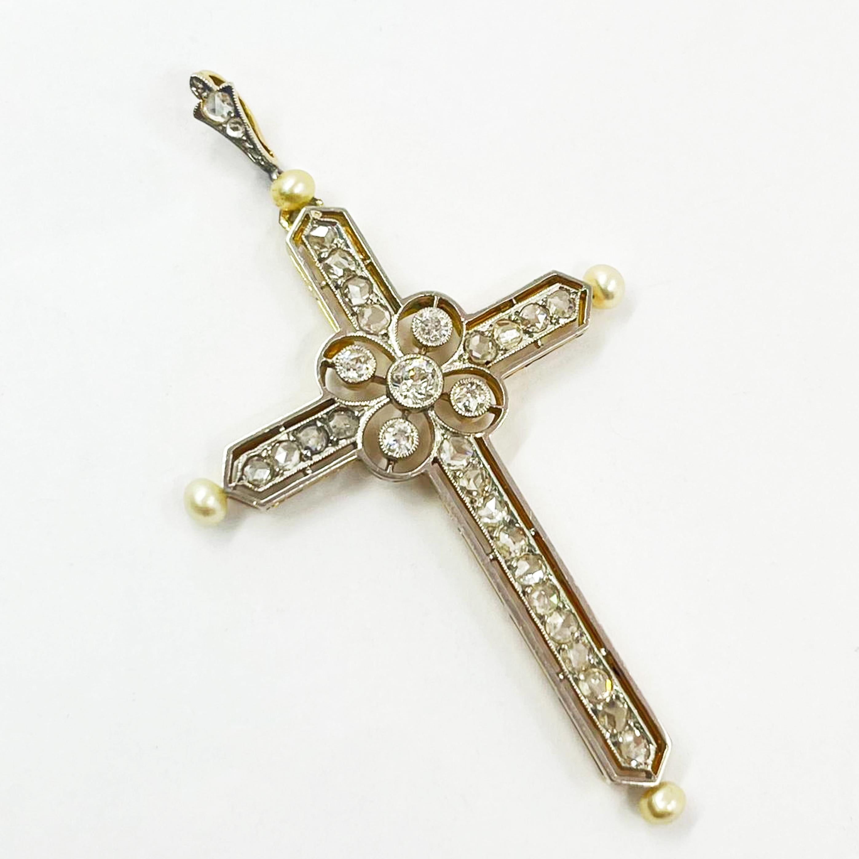 Antique Diamond and Pearl Cross Pendant In Good Condition In Coral Gables, FL