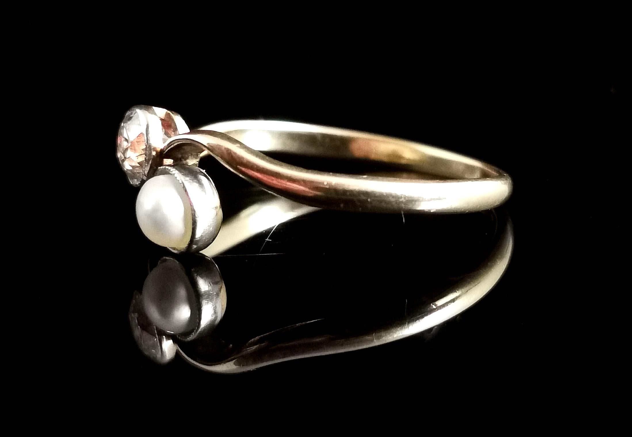 Antique Diamond and Pearl Crossover Ring, 18k Gold, Toi Et Moi 7