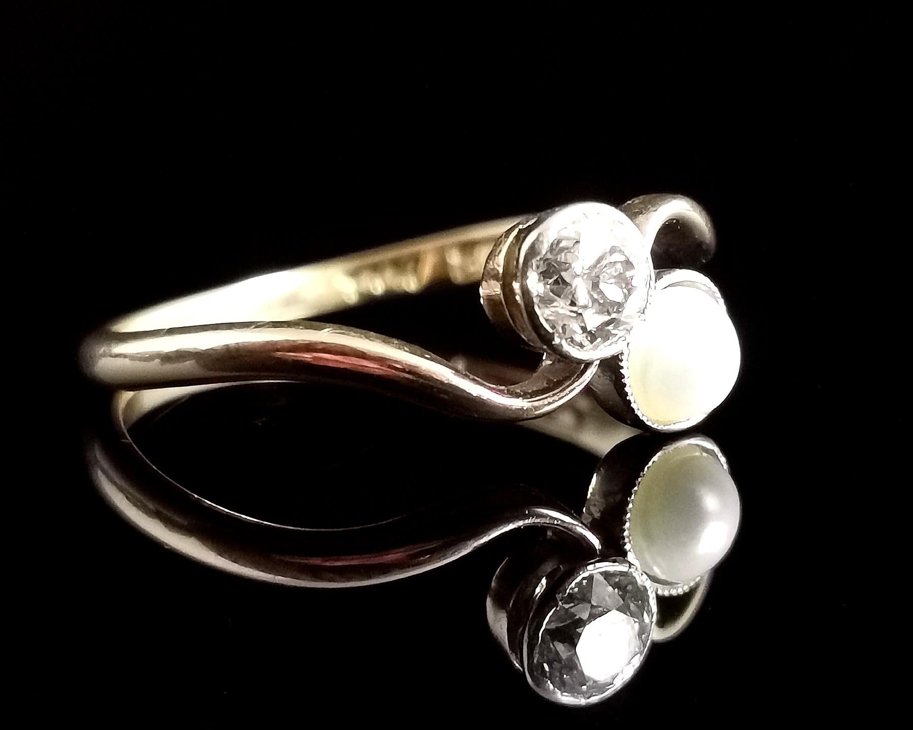 Antique Diamond and Pearl Crossover Ring, 18k Gold, Toi Et Moi 8