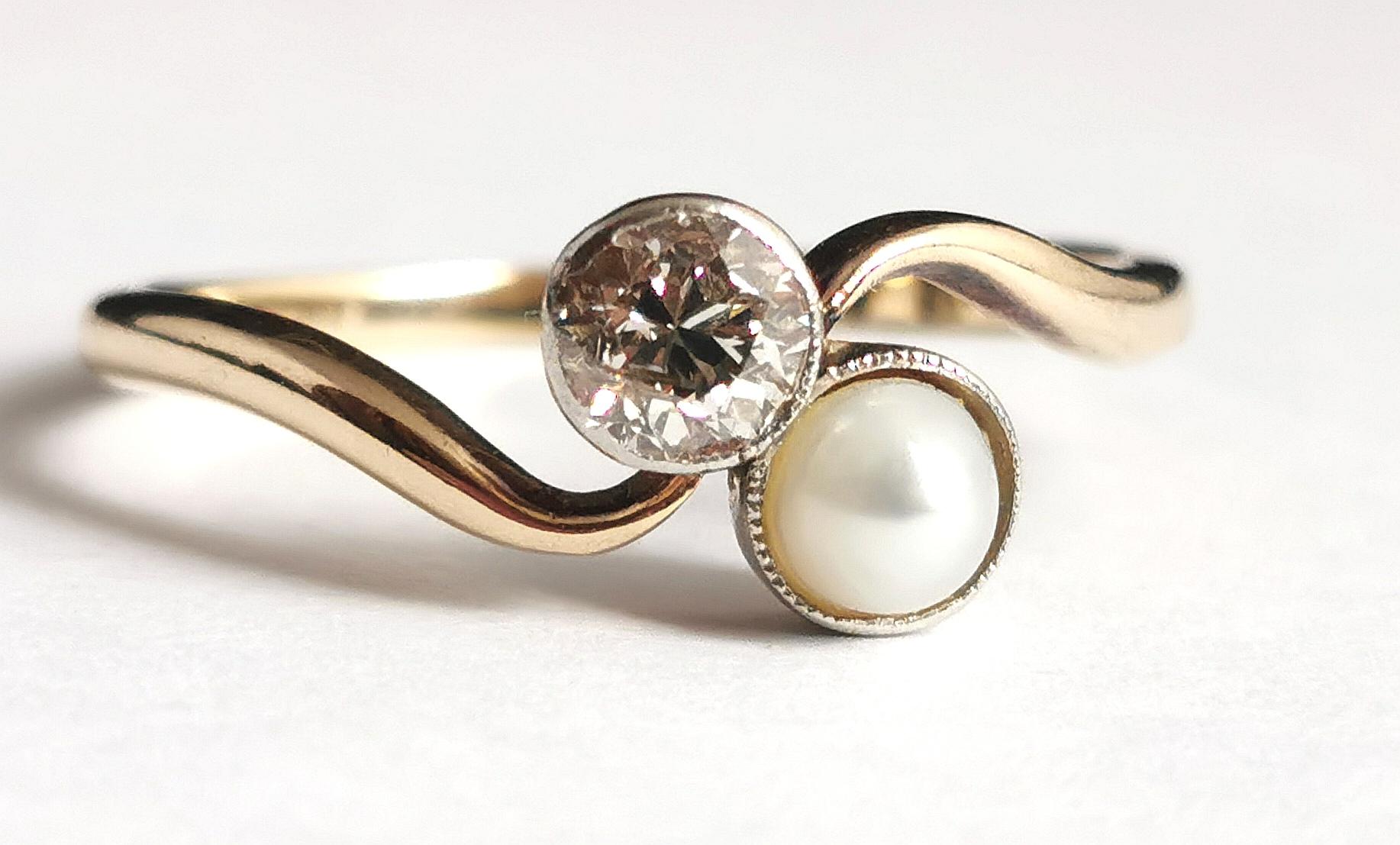 Antique Diamond and Pearl Crossover Ring, 18k Gold, Toi Et Moi 10