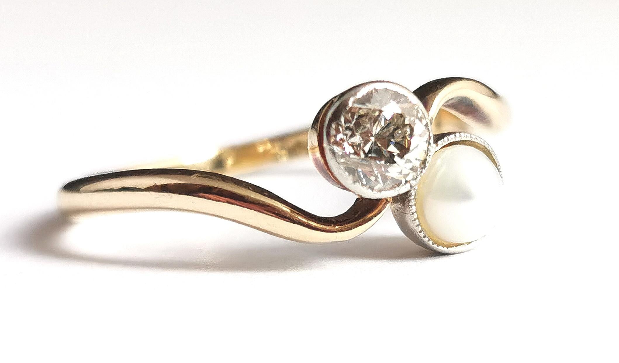 Antique Diamond and Pearl Crossover Ring, 18k Gold, Toi Et Moi 11