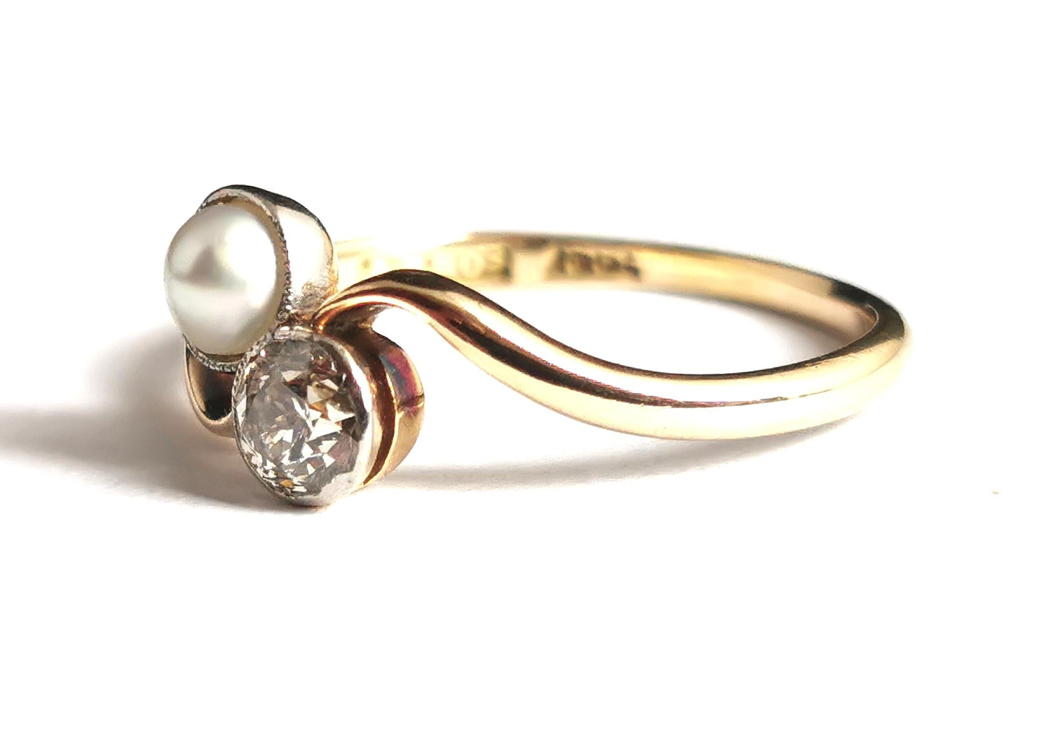 Antique Diamond and Pearl Crossover Ring, 18k Gold, Toi Et Moi 12