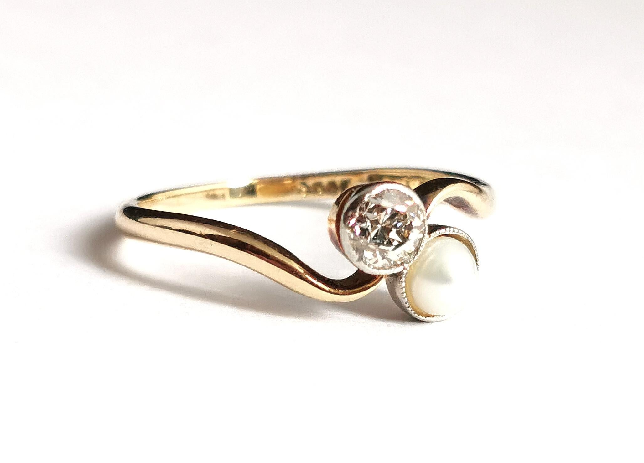 Antique Diamond and Pearl Crossover Ring, 18k Gold, Toi Et Moi 13
