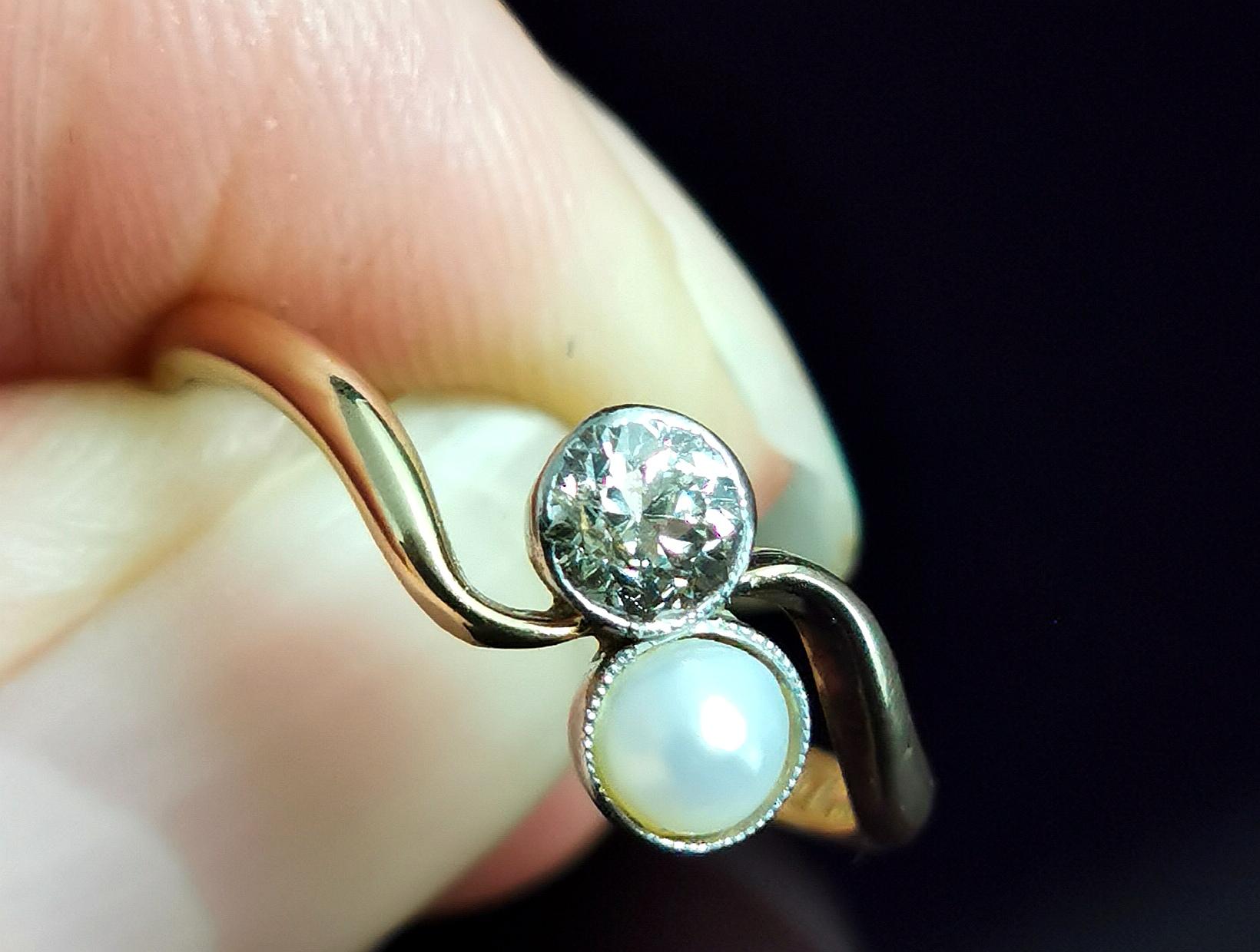 Women's Antique Diamond and Pearl Crossover Ring, 18k Gold, Toi Et Moi