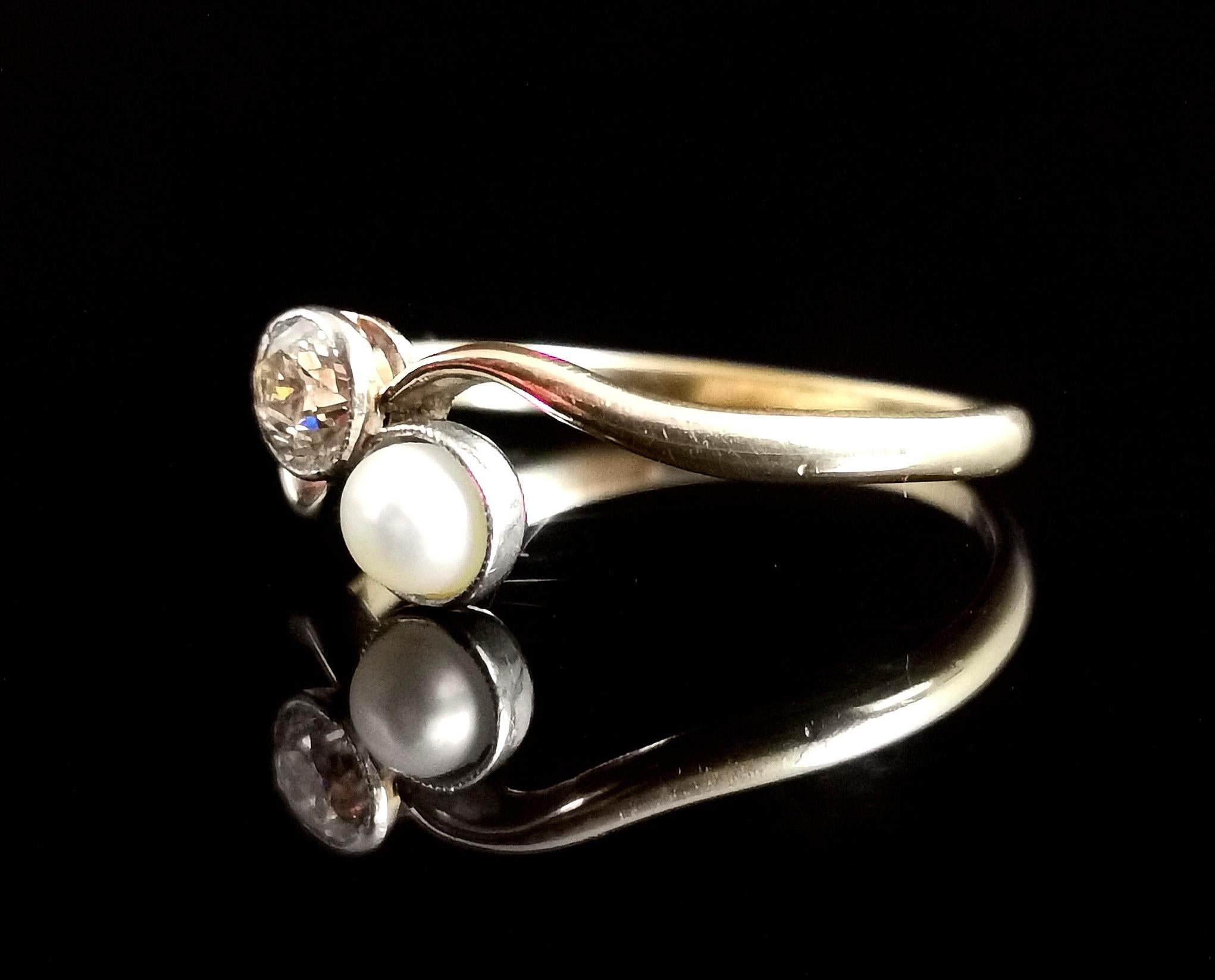 Antique Diamond and Pearl Crossover Ring, 18k Gold, Toi Et Moi 1