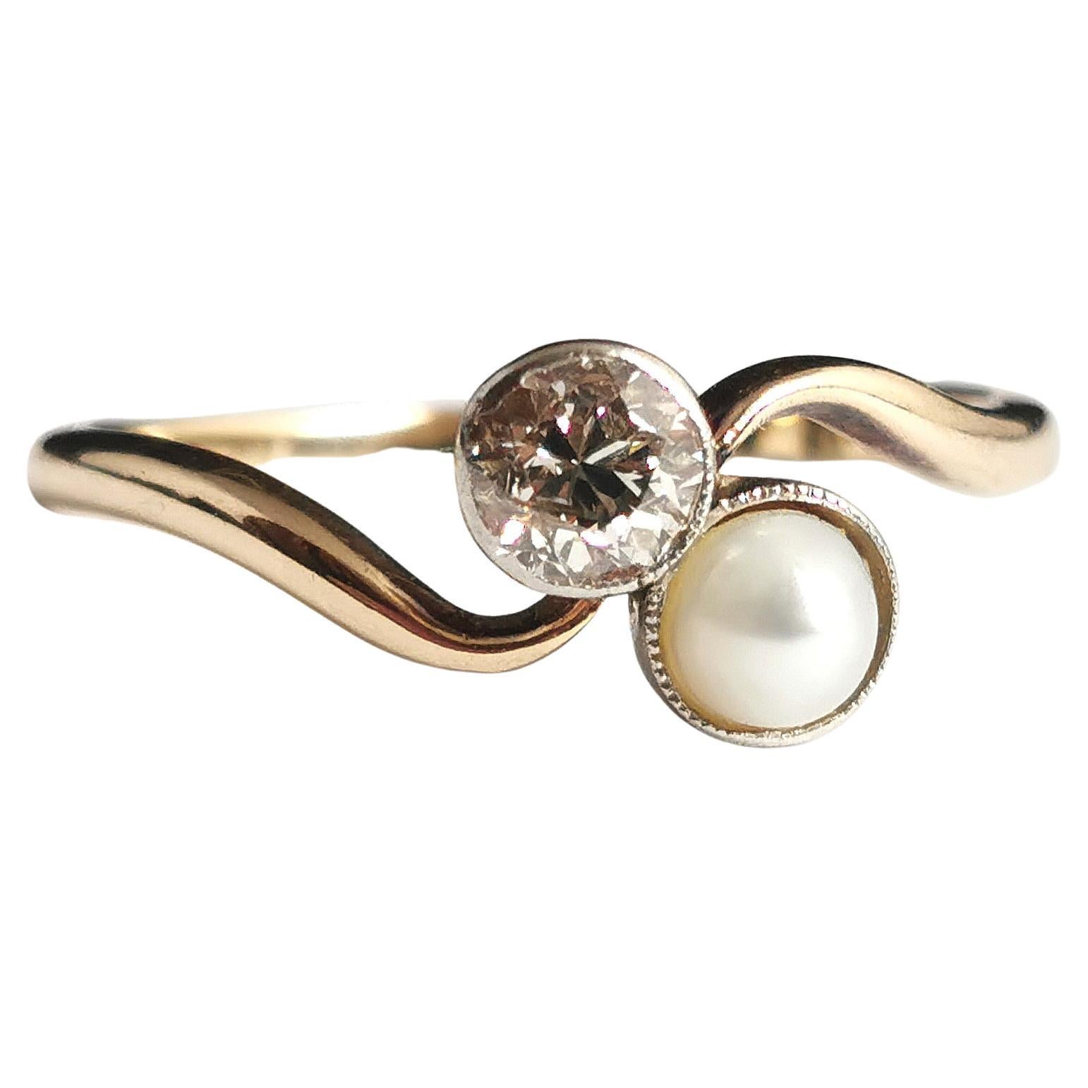 Antique Diamond and Pearl Crossover Ring, 18k Gold, Toi Et Moi