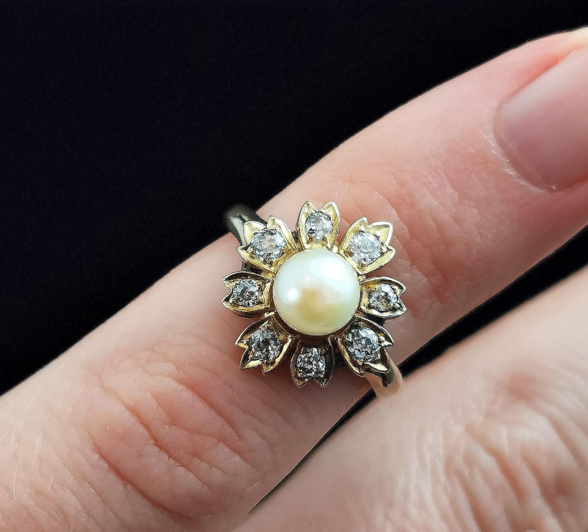 Antique Diamond and Pearl Flower Ring, 9 Karat Yellow Gold For Sale 2