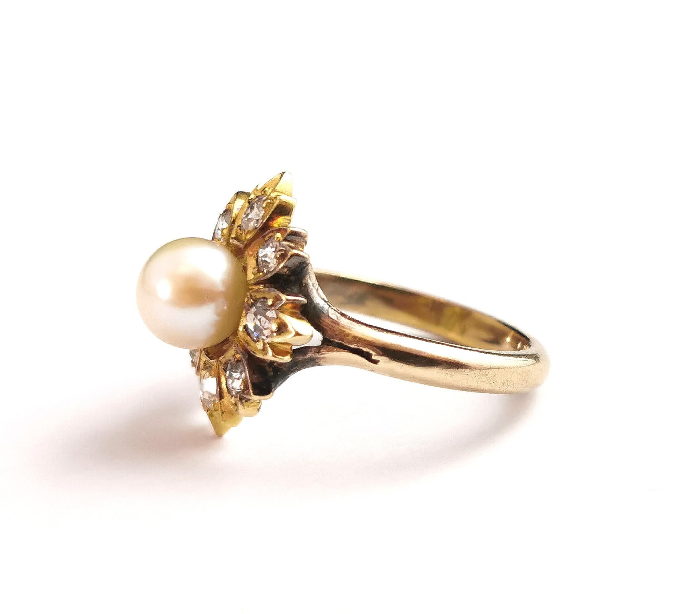 Art Nouveau Antique Diamond and Pearl Flower Ring, 9 Karat Yellow Gold For Sale