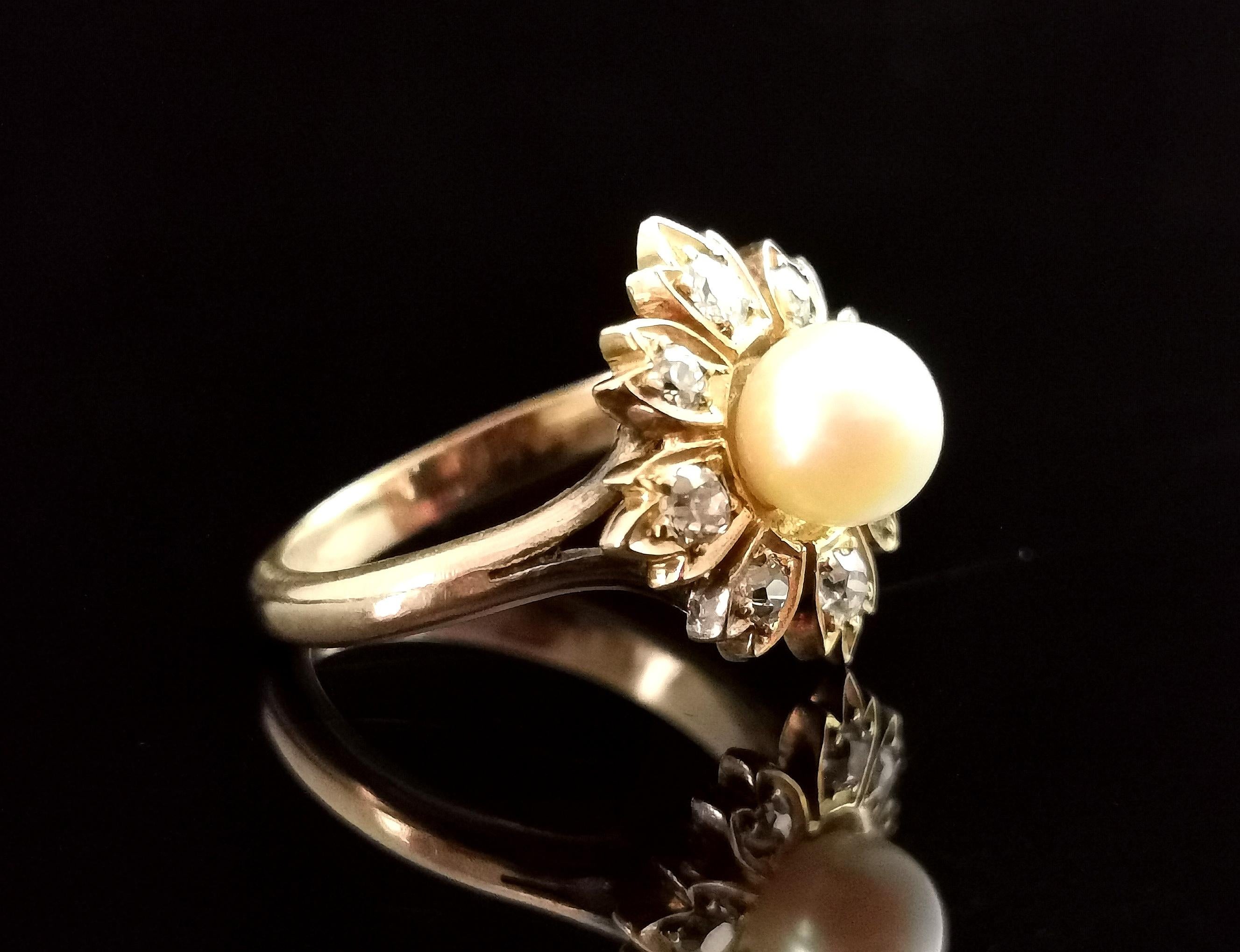 Old Mine Cut Antique Diamond and Pearl Flower Ring, 9 Karat Yellow Gold For Sale