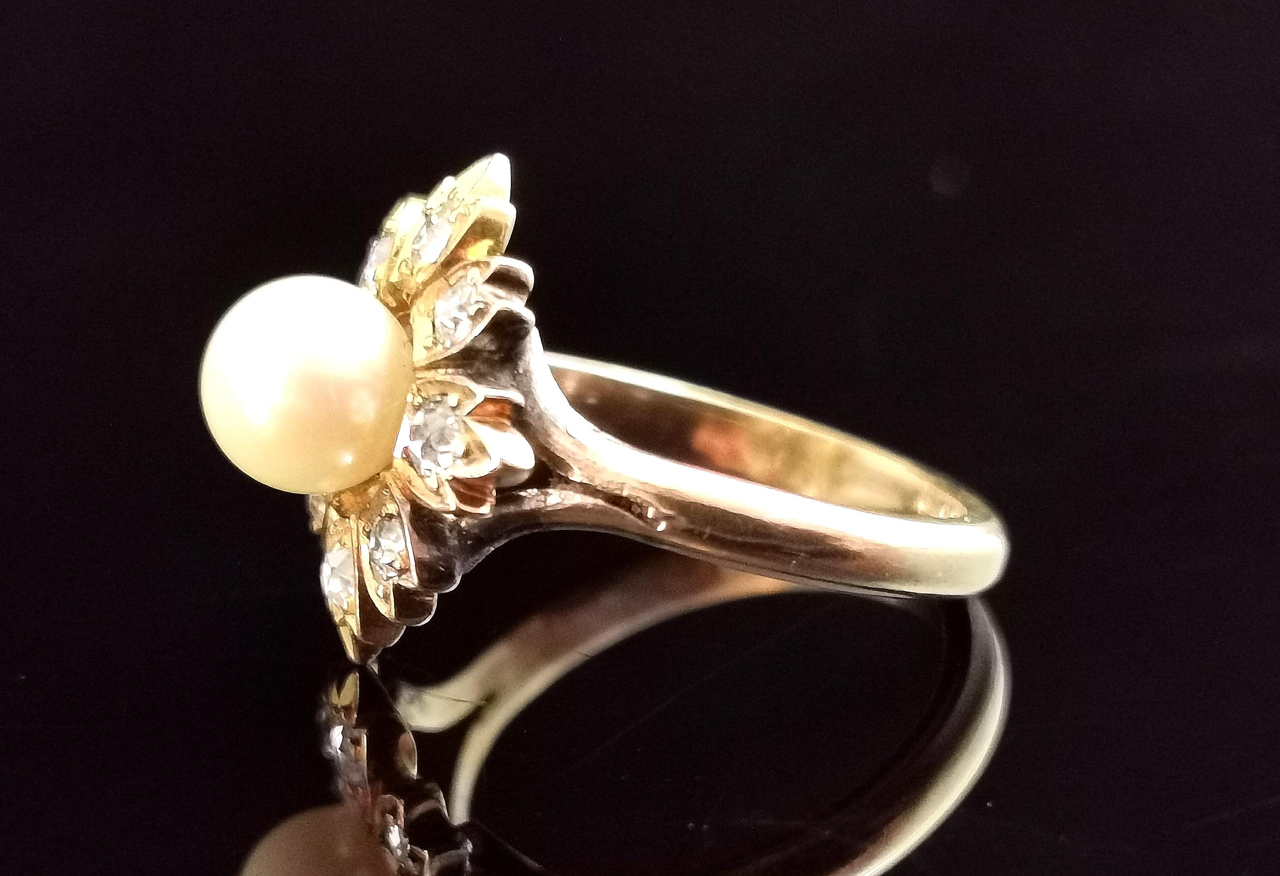 Women's Antique Diamond and Pearl Flower Ring, 9 Karat Yellow Gold For Sale