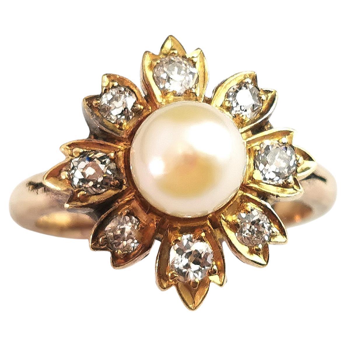 Antique Diamond and Pearl Flower Ring, 9 Karat Yellow Gold
