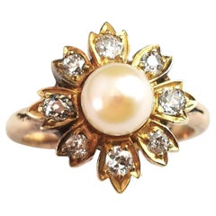Antique Diamond and Pearl Flower Ring, 9 Karat Yellow Gold
